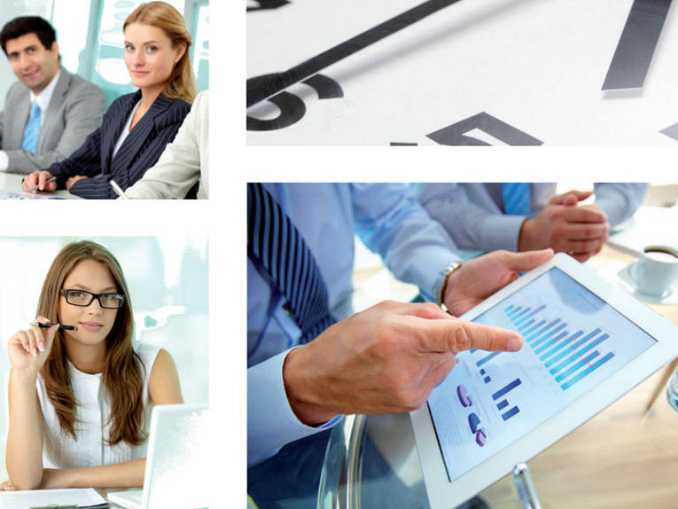 Collage aus vier Bildern mit Motiven der Arbeitswelt: Mann und Frau in einer Besprechung, Zifferblatt einer Uhr, Datenanalyse an einem Tablet-PC, Frau hinter einem Notebook-PC