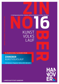 Das Plakat zum 16. ZINNOBER-Kunstvolkslauf: der Titel steht in roter und weißer Schrift in großen Lettern auf violettem Grund