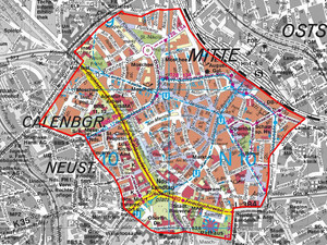 Kartenausschnitt der Innenstadt von Hannover mit dem Evakuierungsradius zur Bombenräumung am 27. August 2013