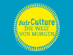Das Logo des internationalen Jugendtheaterfestivals fairCulture, ein gelber Kreis auf blauem Grund