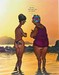 Karikatur zweier Frauen, die am Strand stehen und sich über ihre Tattoos unterhalten
