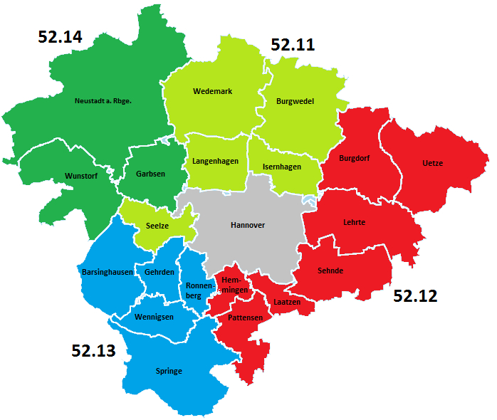 Kommunen in der Region Hannover. Farben markieren die Zuständigkeiten verschiedener Teams