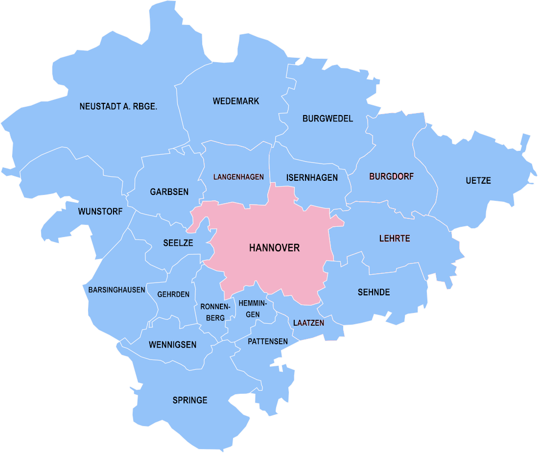 Kommunen in der Region Hannover: Blau: Kommunen im Zuständigkeitsbereich der Region Hannover als öffentlicher Jugendhilfeträger | Rosa: Kommunen mit eigenständigem Jugendamt