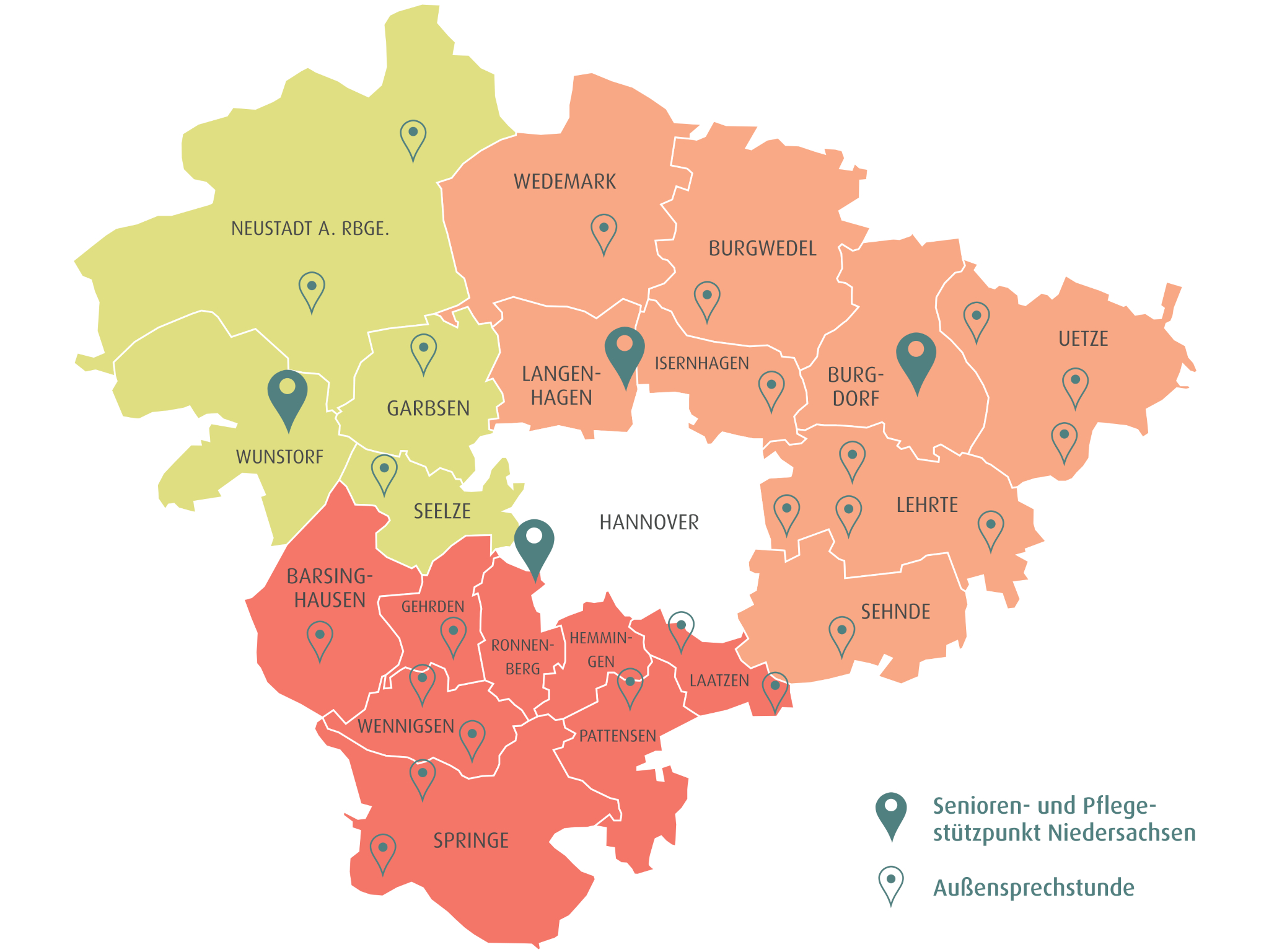Karte der Region Hannover: Gebiete sind dem Zuständigkeitsgebiet der Senioren- und Pflegestützpunkte entsprechend unterschiedlich eingefärbt.