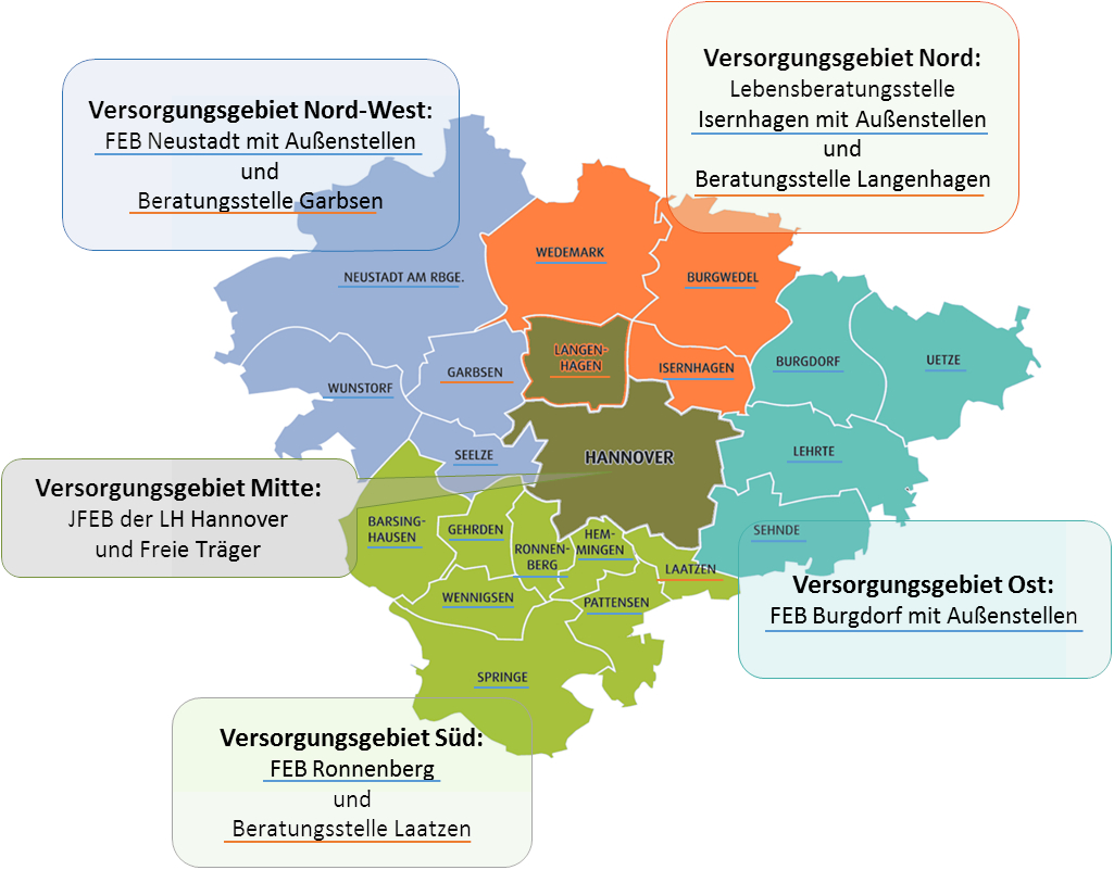 Karte mit den Gebieten der Städte und Gemeinden der Region Hannover. Farben kennzeichnen, welche Familien- und Erziehungsberatungsstelle wo zuständig ist.