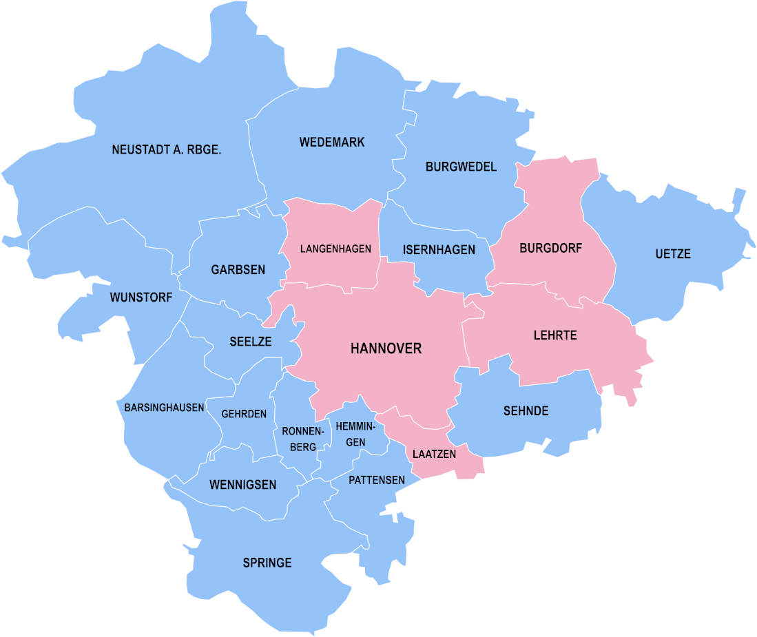 Kommunen in der Region Hannover: Blau: Kommunen im Zuständigkeitsbereich der Region Hannover als öffentlicher Jugendhilfeträger | Rosa: Kommunen mit eigenständigem Jugendamt
