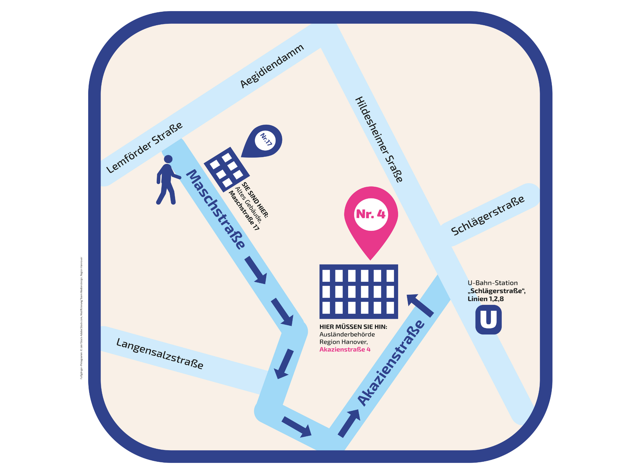 Ein Karte, die den Weg vom alten Standort (Maschstra&szlig;e 17) zum neuen Standort (Akazienstra&szlig;e 4) beschreibt: Sie folgen zuerst der Maschstra&szlig;e in Richtung S&uuml;den und biegen dann links in die Akazienstra&szlig;e ein (ca. 500m). Das Geb&auml;ude ist auf der linken Seite.
