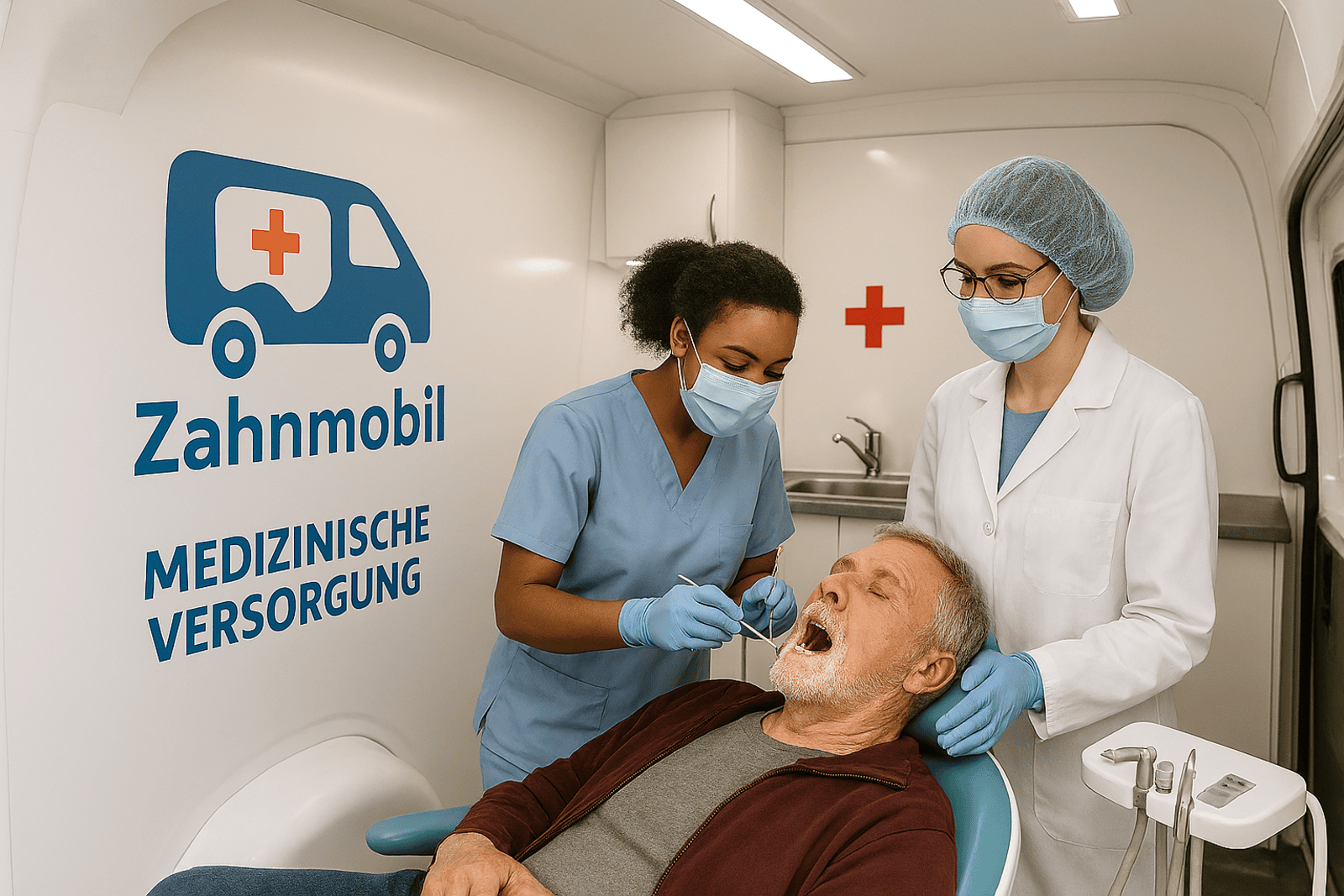 Ein Patient wird in einem Zahnmobil von einer Zahnärztin versorgt.