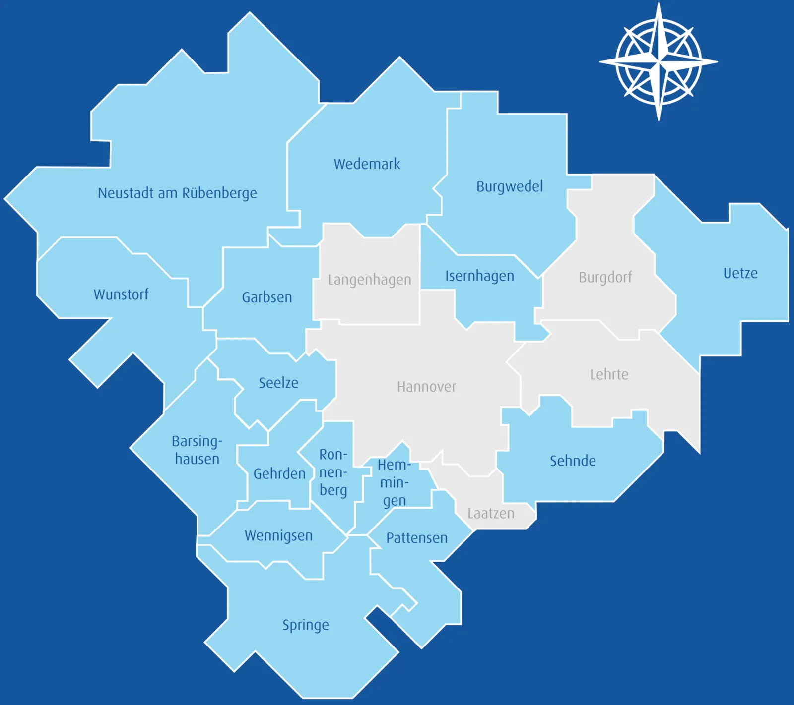 Karte der Region Hannover mit allen 21 Kommunen. In den hellblau eingef&auml;rbten Kommunen sind die Verfahrenslotsinnen und Verfahrenslotsen der Region Hannover f&uuml;r junge Menschen mit (drohender) Behinderung zust&auml;ndig, begleiten zu Terminen und beraten kostenlos. Die hellblau eingef&auml;rbten Kommunen sind: Barsinghausen, Burgwedel, Garbsen, Gehrden, Hemmingen, Isernhagen, Neustadt am R&uuml;benberge, Pattensen, Ronnenberg, Seelze, Sehnde Springe, Uetze, Wedemark, Wennigsen und Wunstorf