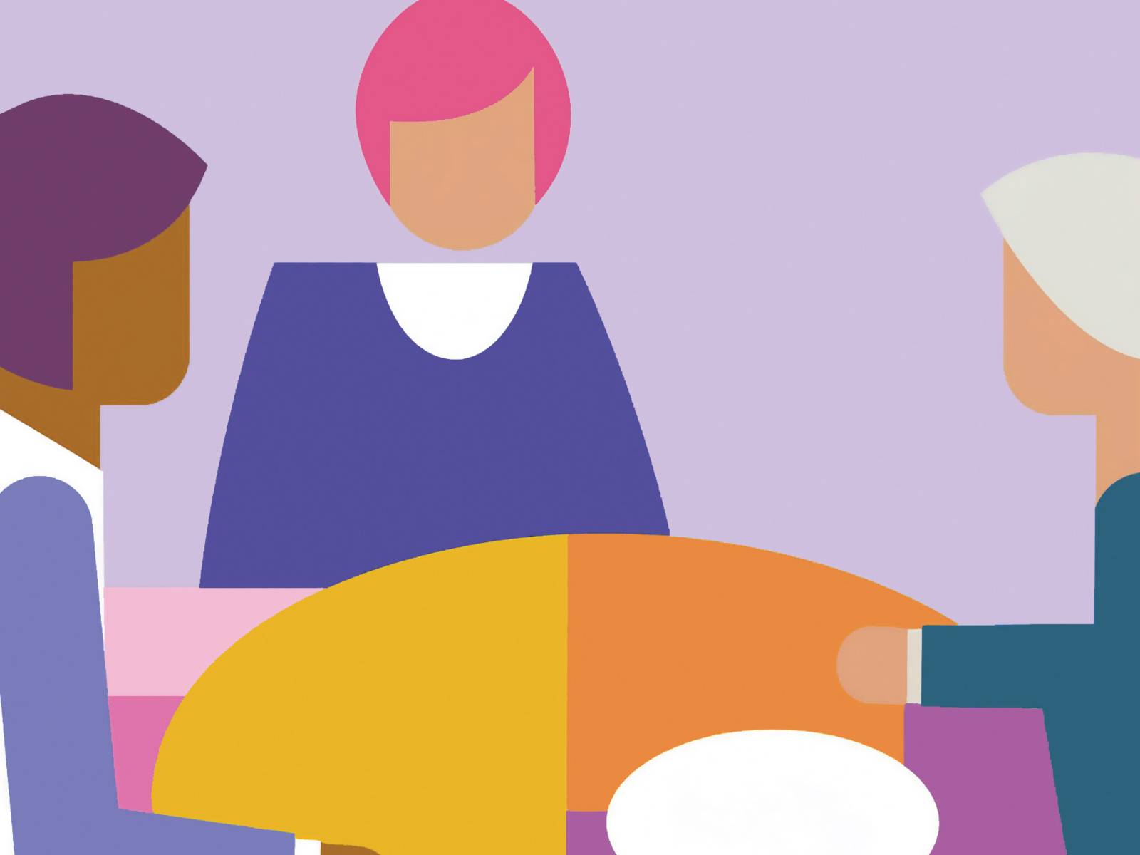 Eine grobe Illustration mit Farbflächen, die Personen haben kein Gesicht: Drei Frauen sitzen um einen Tisch.