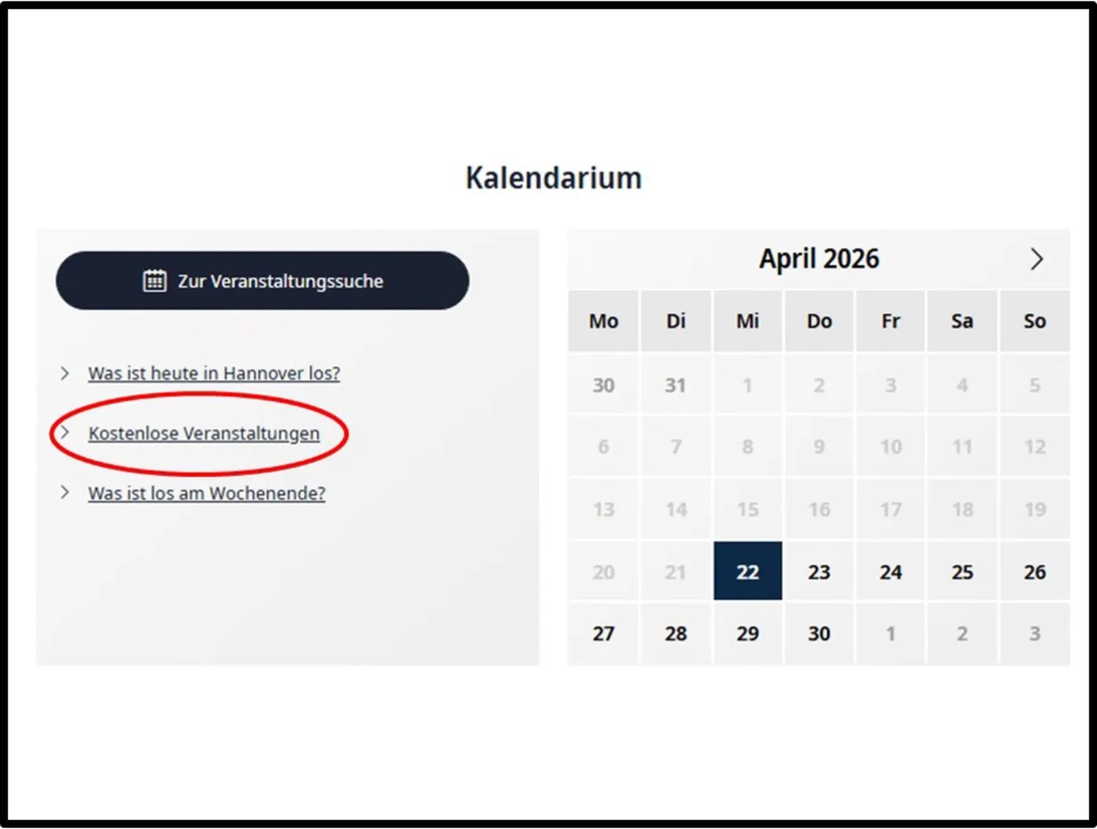 Kalenderblatt, bei dem die Zeile "Kostenlose Veranstaltungen" rot umrandet ist.