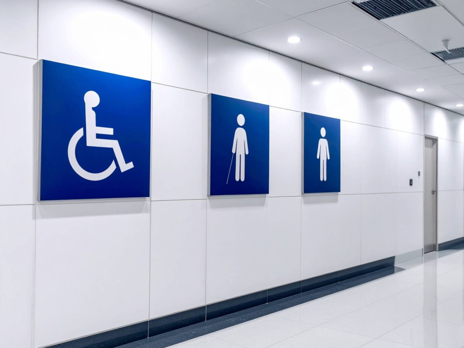 Eine Wand mit drei blauen Symbolen und mit Figuren, eine davon im Rollstuhl, eine mit Blindenstock