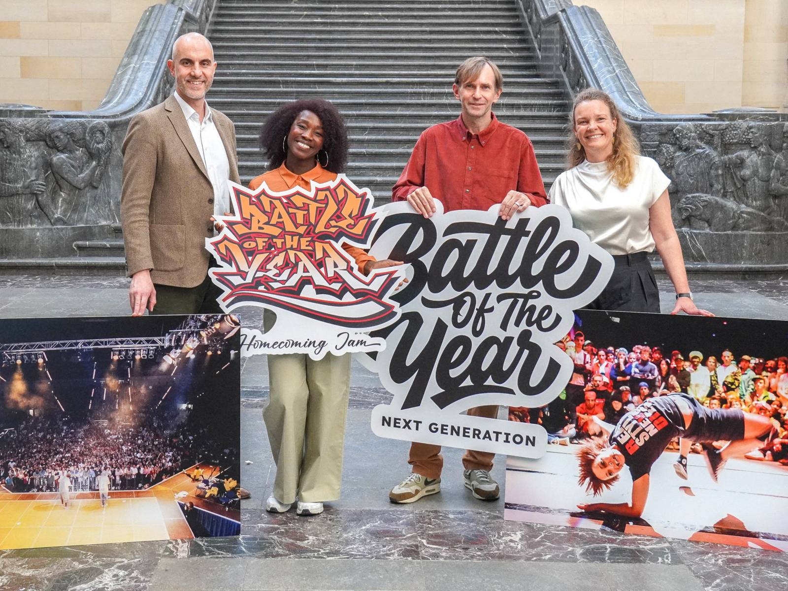 BOTY 2027 – das Breaking-Event kehrt nach Hannover zurück: Oberbürgermeister Belit Onay, Manuela Bolegue (Geschäftsführerin der Six Step GmbH), Thomas Hergenröther (Gründer des Battle of the Year) und Eva Bender (Dezernentin für Bildung und Kultur), v. l. n. r.