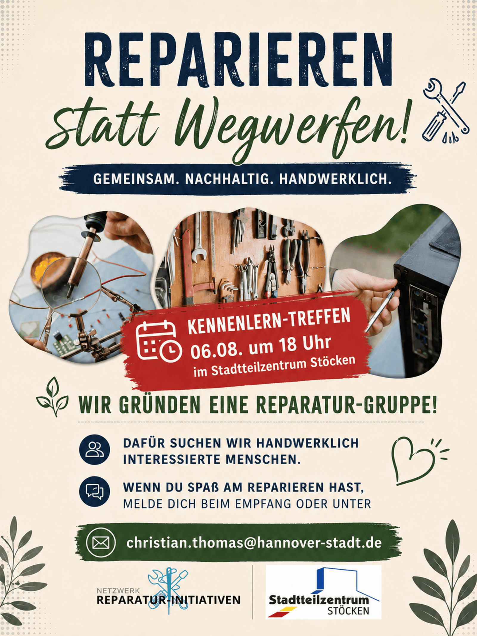 Auf dem Bild sind die wesentlichen Inhalte des Textes abgebildet mit grafischen Elementen und Bildern wie einem Lötkolben, einem Werkzeugkasten und einem Schraubenzieher.