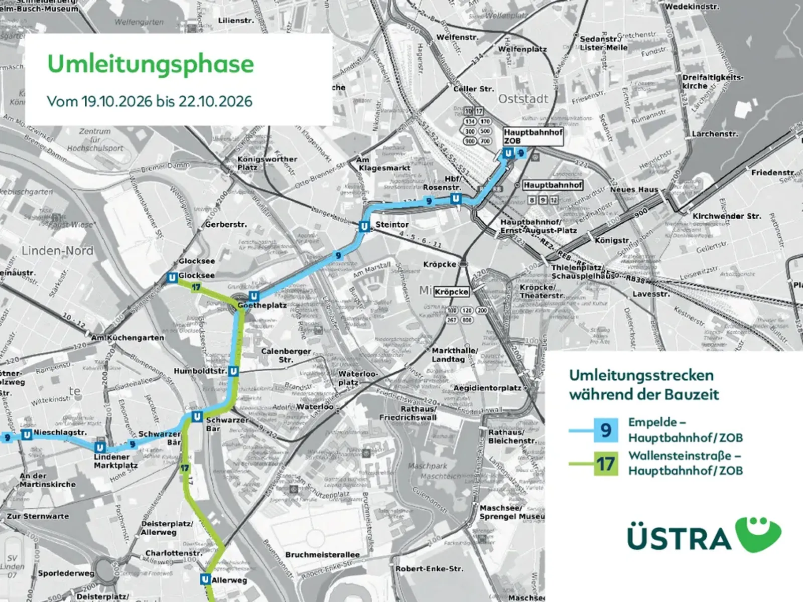 Karte mit Fahrwegen in der Umleitungsphase w&auml;hrend der Tunnelsanierung vom 19. bis 22. Oktober 2026