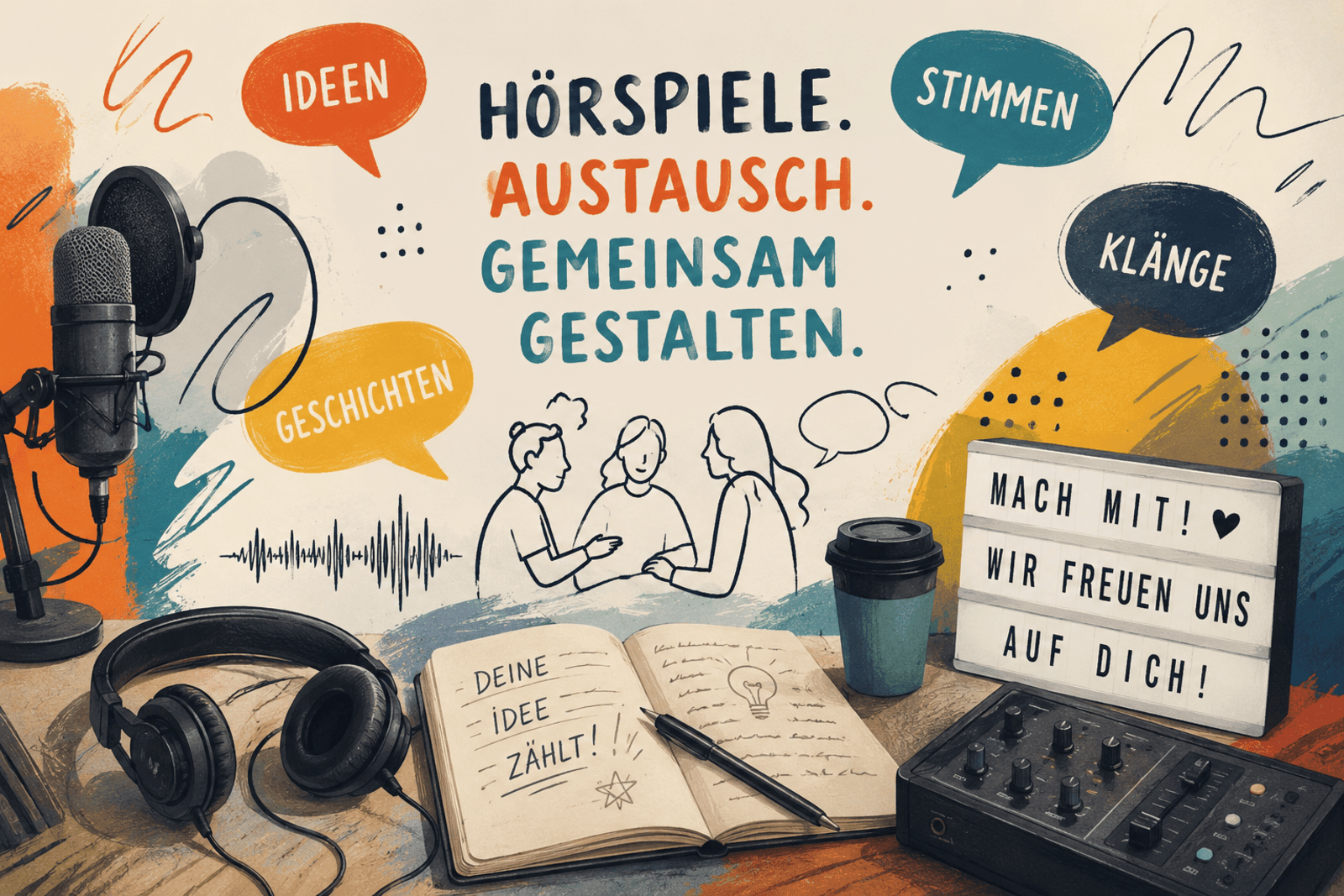 Auf dem Bild sind Mikrofone, Kopfhöhrer, ein kleines Mischpult zu sehen. Außerdem in der Mitte ein Buch in der "Deine Idee zählt" rein gekritzelt ist.