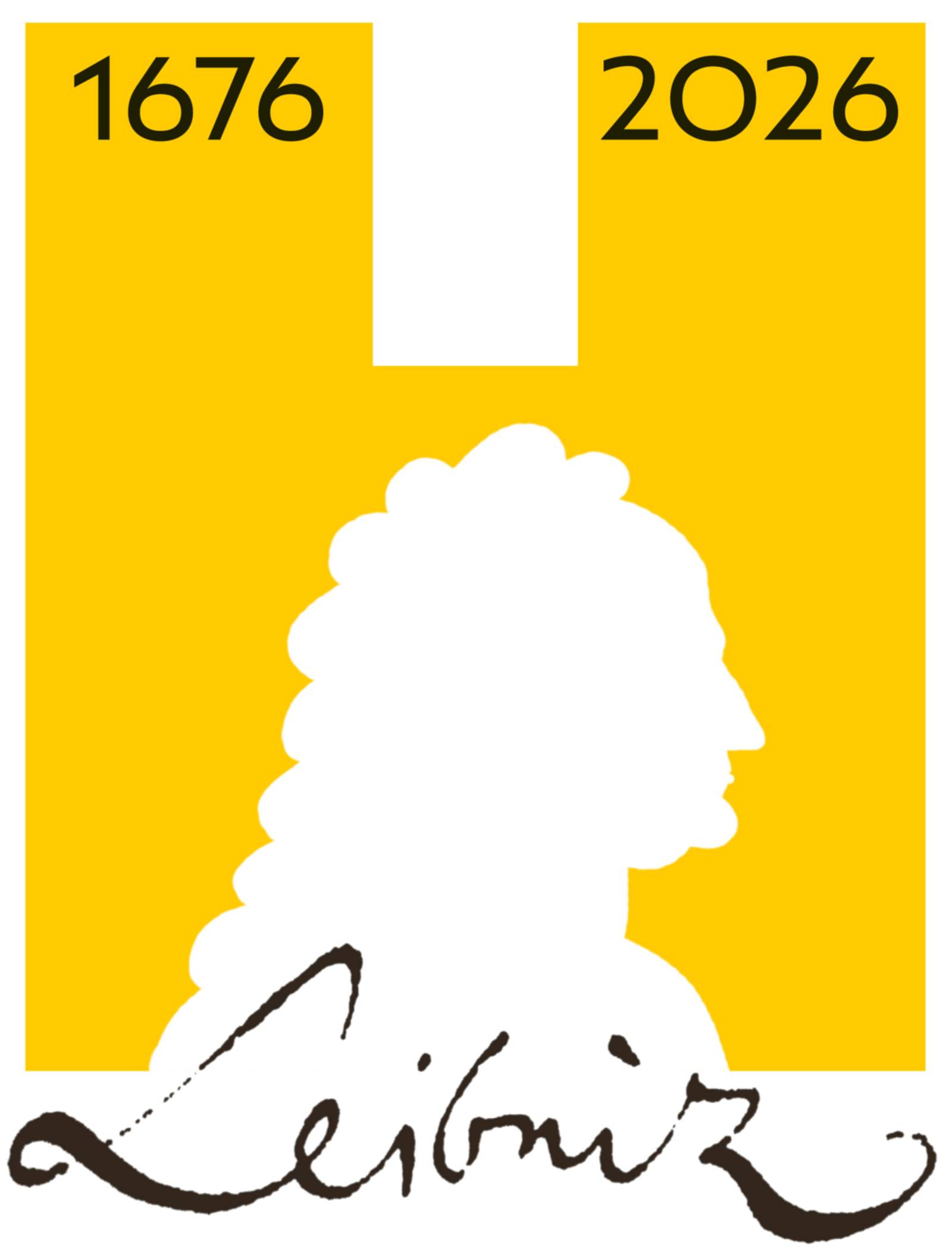 Silhouette von Leibniz vor einem gro&szlig;en H, oben links steht die  Zahl 1626, oben rechts 2026, unten mittig der Schriftzug Leibniz