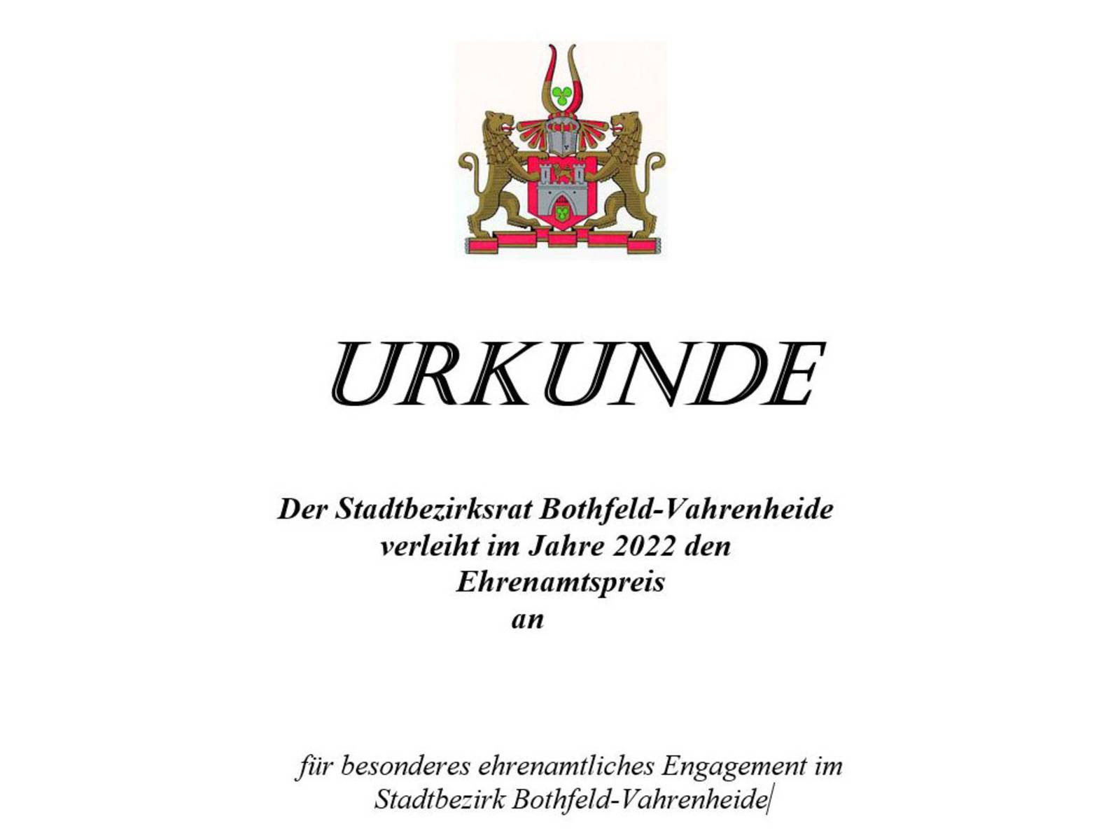 Ehrenamtspreis 2022 des Stadtbezirksrates Bothfeld-Vahrenheide