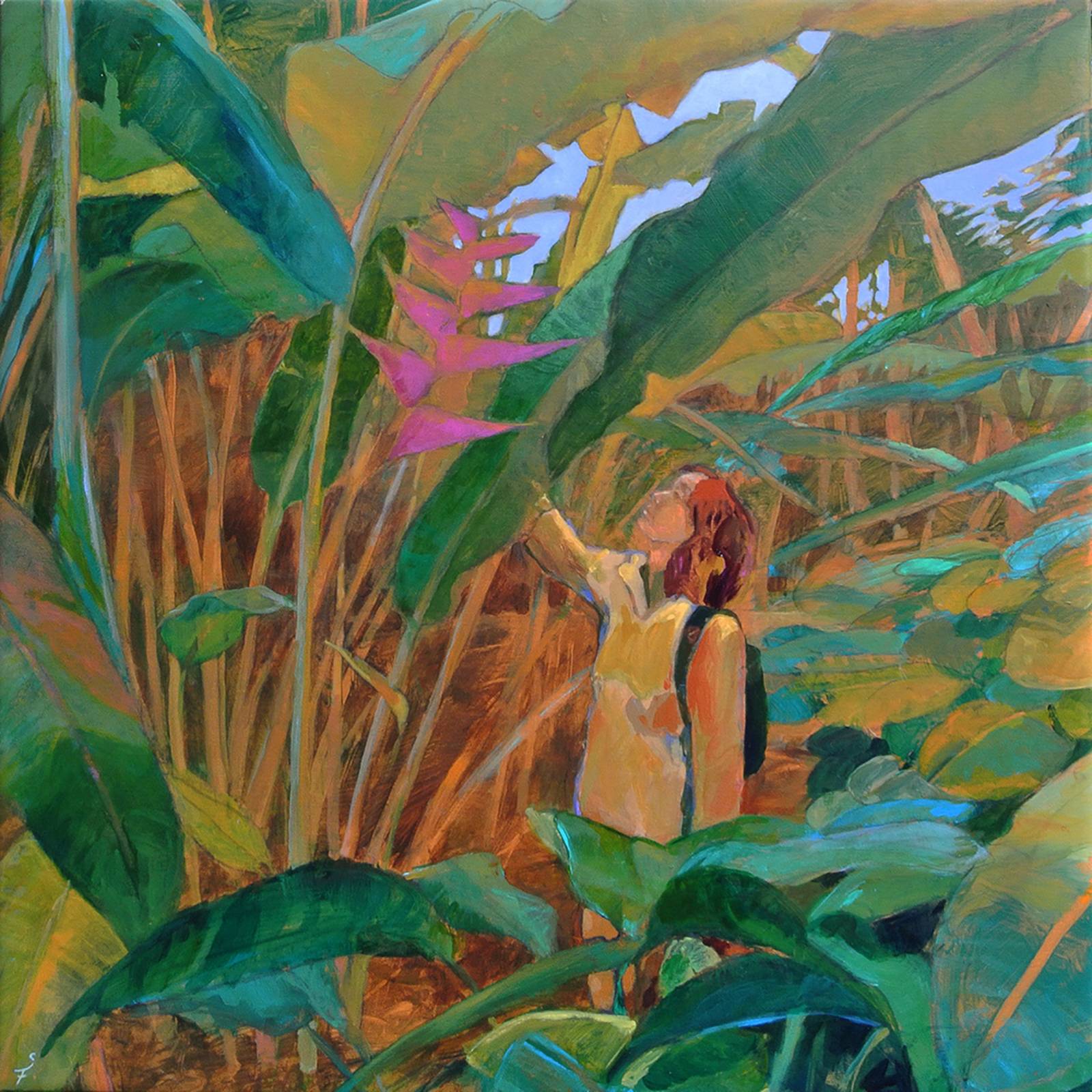 Acryl und Kohle auf Leinwand, 60 x 60 cm: Person vor einer tropischen Pflanze