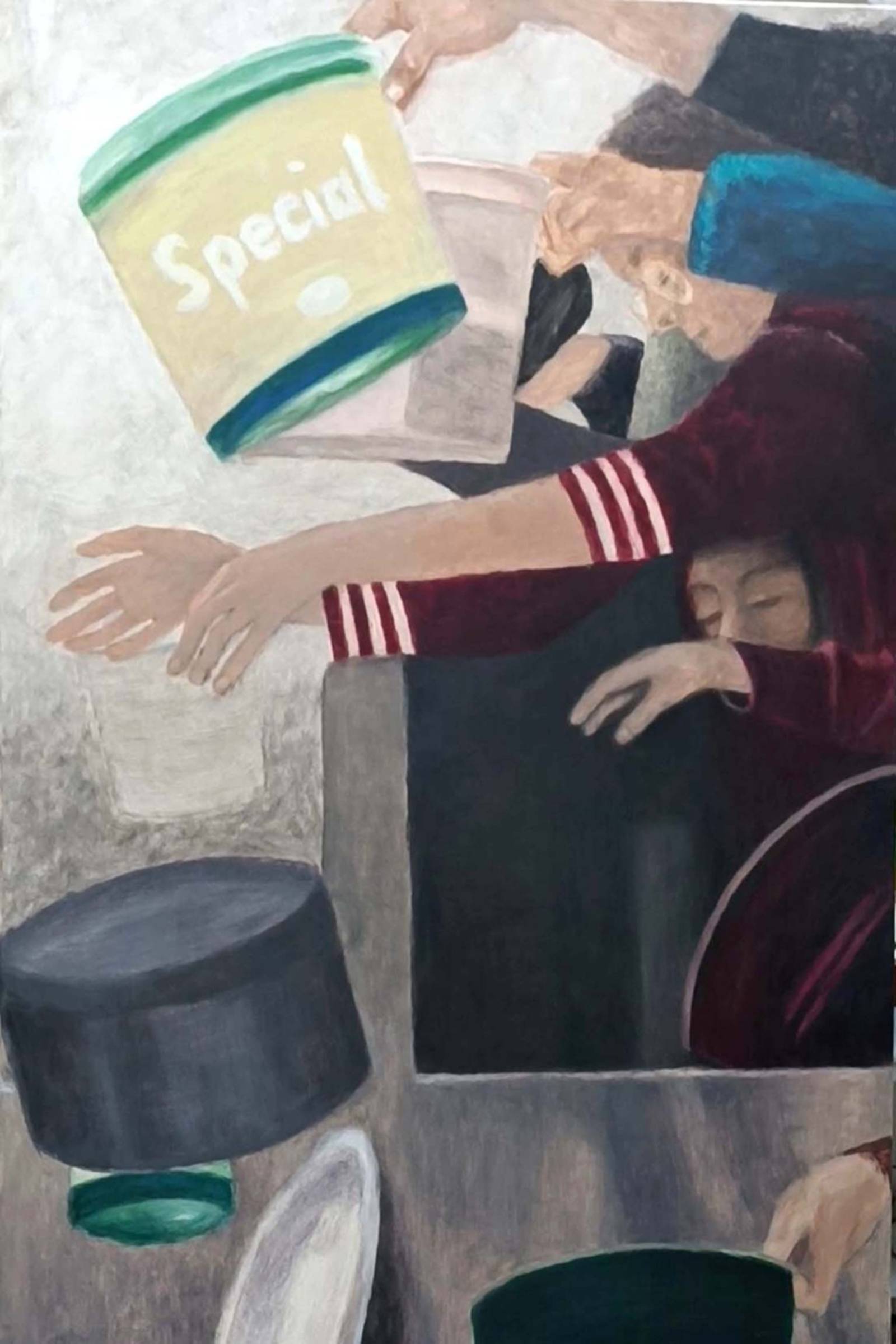 Zu sehen ist eine Malerei von Jane Wyrwa: Zu sehen sind hungernde Menschen, die nach Nahrung greifen.