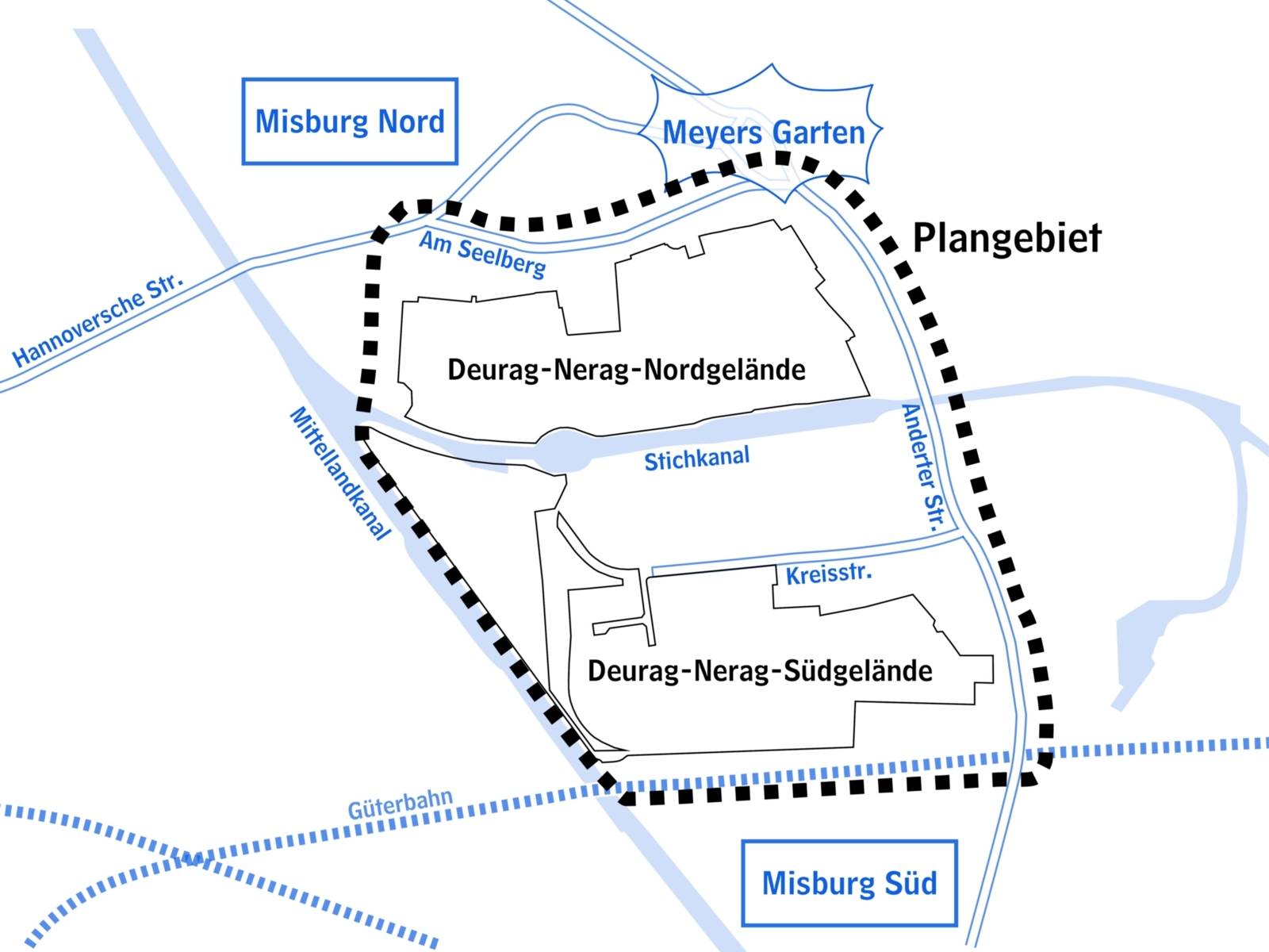 Ein gezeichneter Plan mit einem blauen Linien und der Beschriftung Mittellandkanal, Stichkanal. Eine schwarz gestrichelte Linie umrei&szlig;t den Bereich Deurag-Nerag-Gel&auml;nde in Nord und S&uuml;d, daneben steht Planungsgebiet.