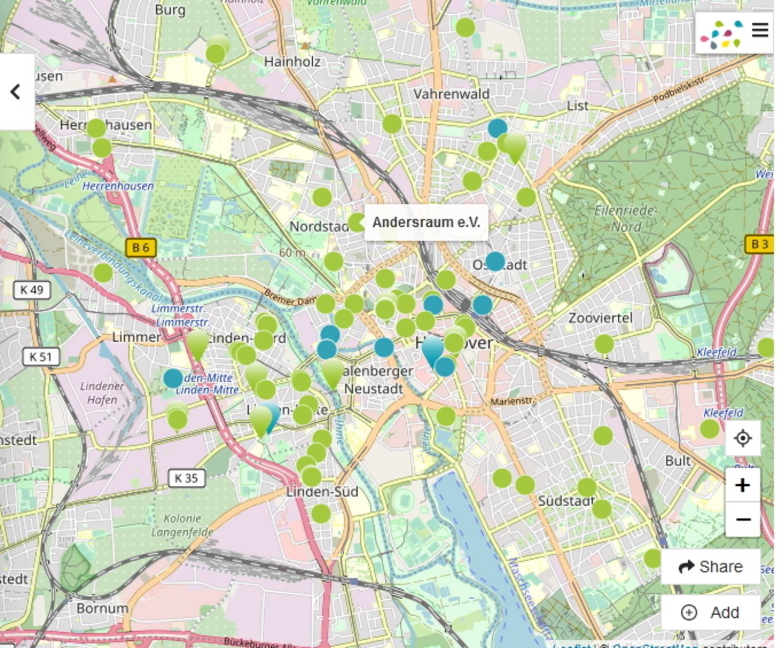 Eine Stadtkarte von Hannover mit Markierungspunkten