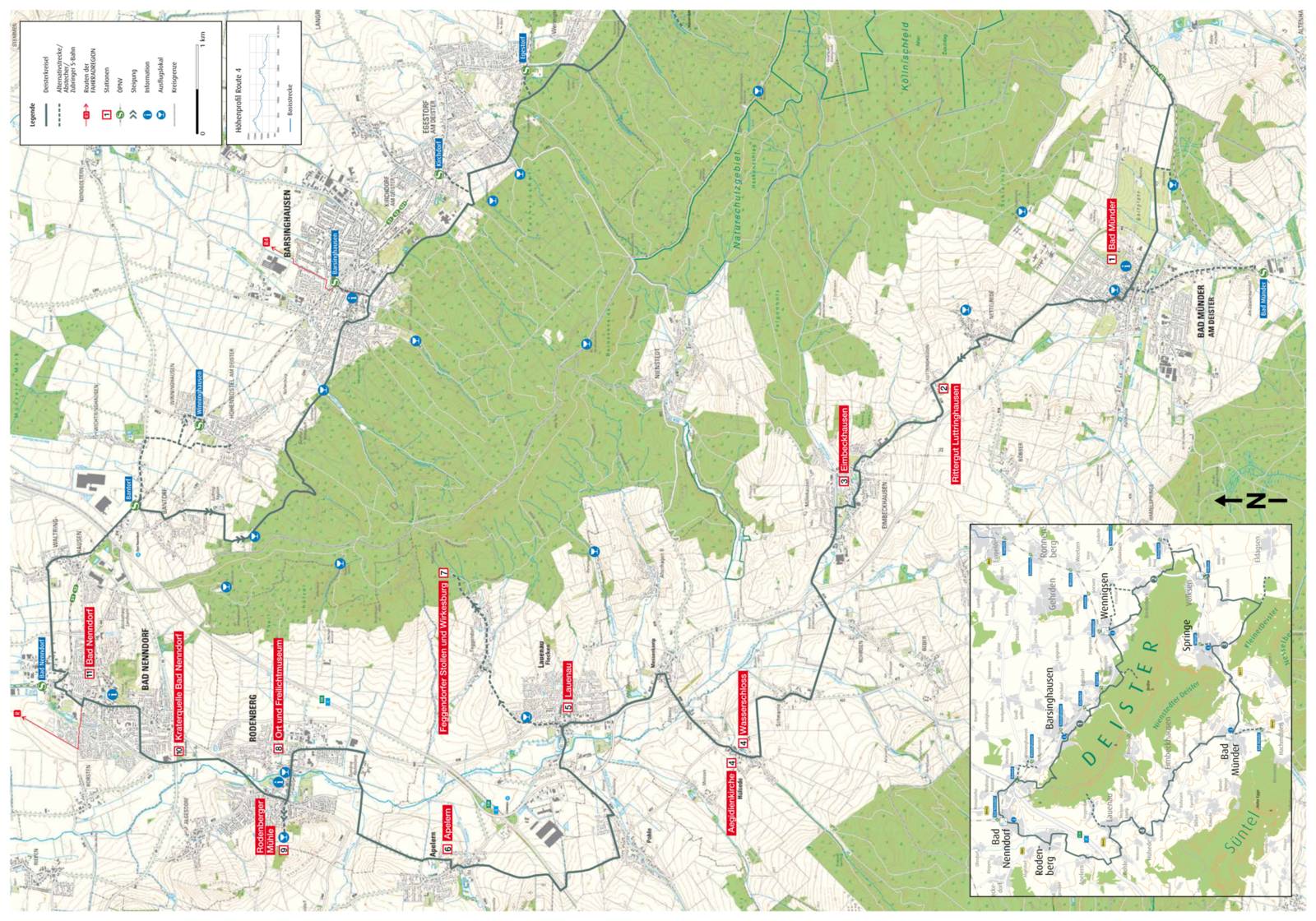Karte vom Höhenzug Deister mit eingezeichneter Fahrradroute