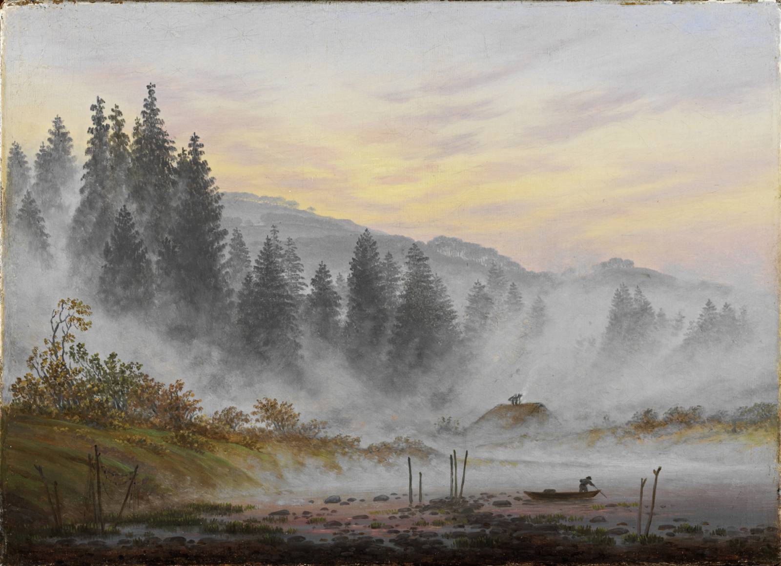 Zu sehen ist ein Ölgemälde einer nebligen Landschaft von Caspar David Friedrich.