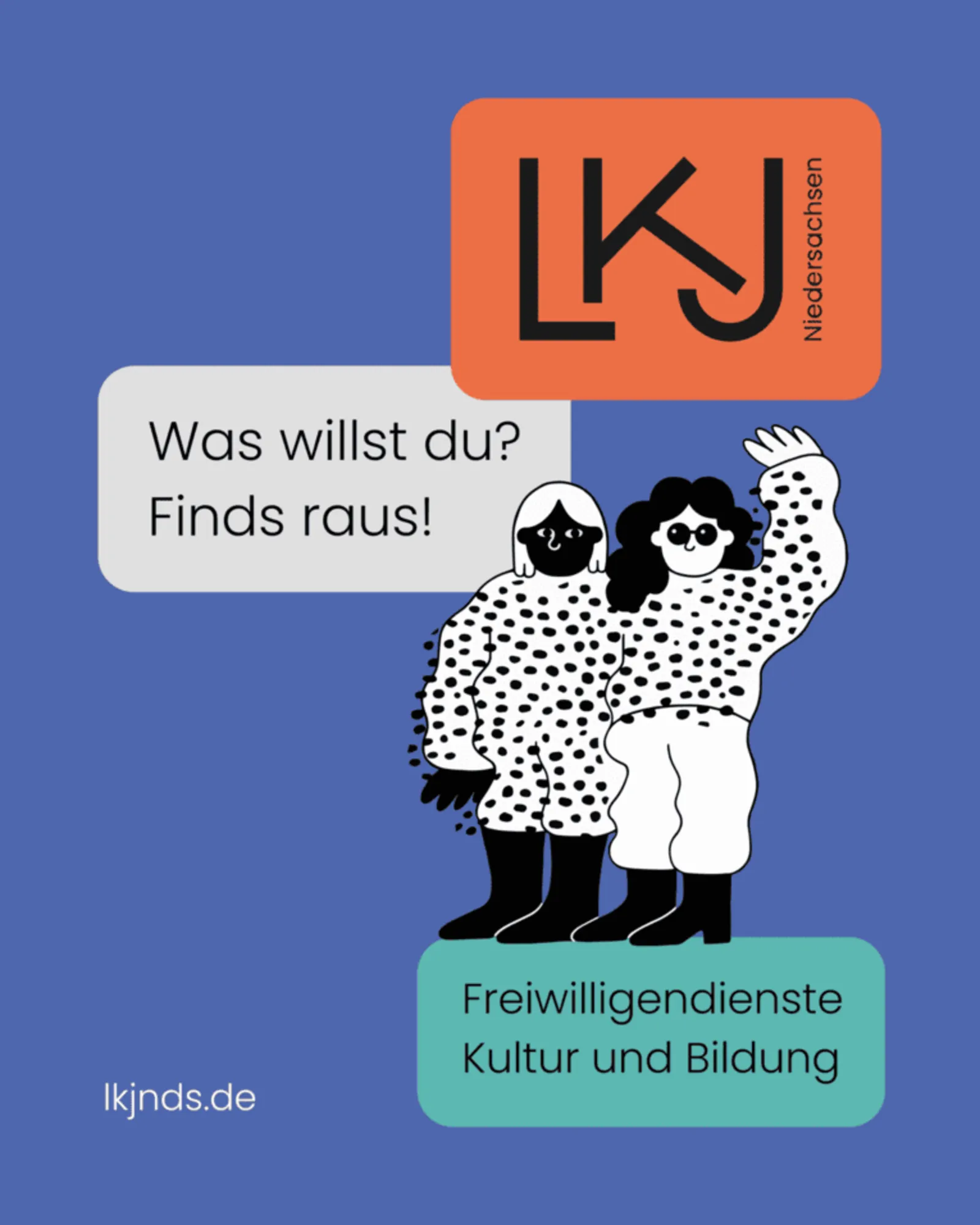 Zwei Figuren stehen und winken.