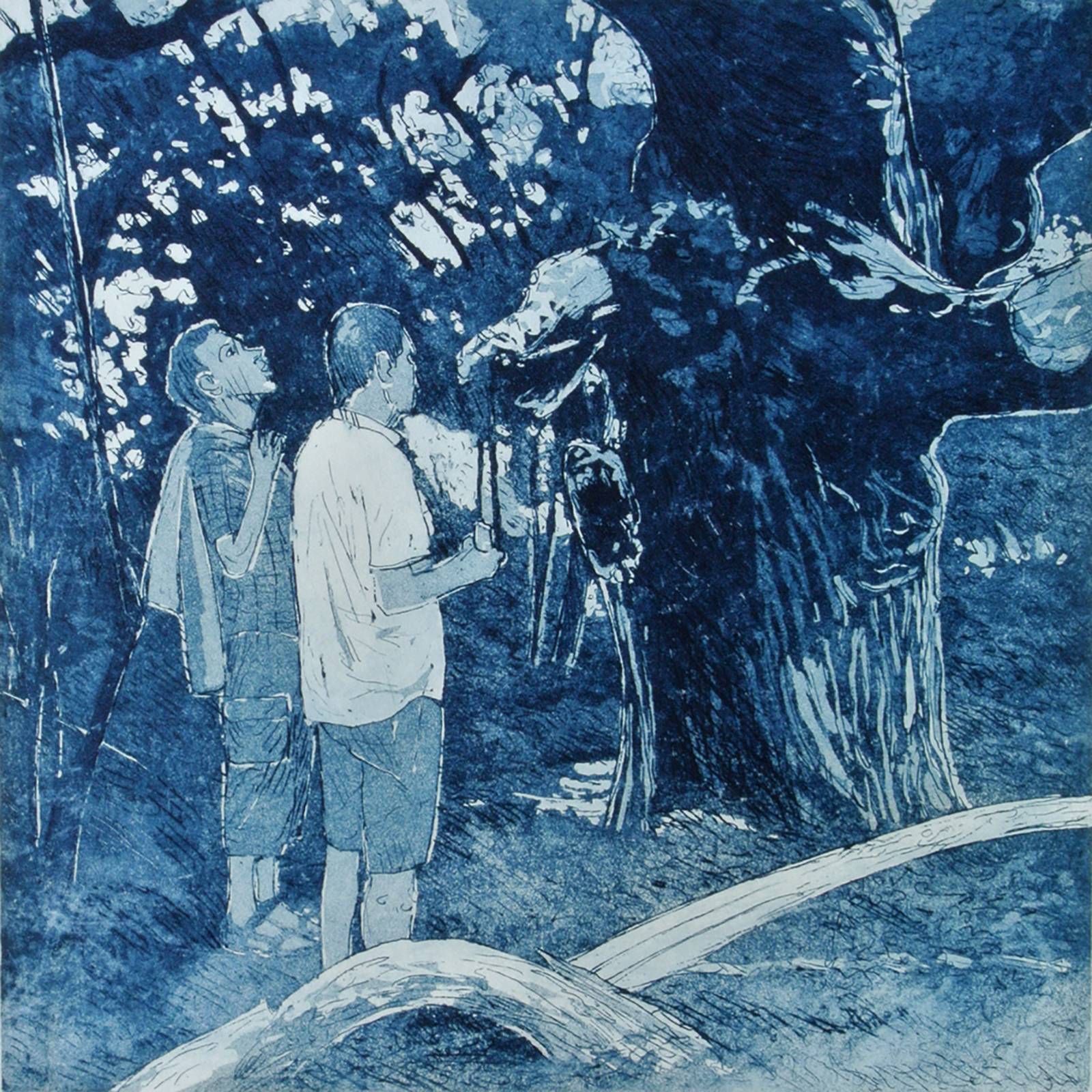 Aquatinta-Radierung, 50 x 35 cm, Personen und ein Baum