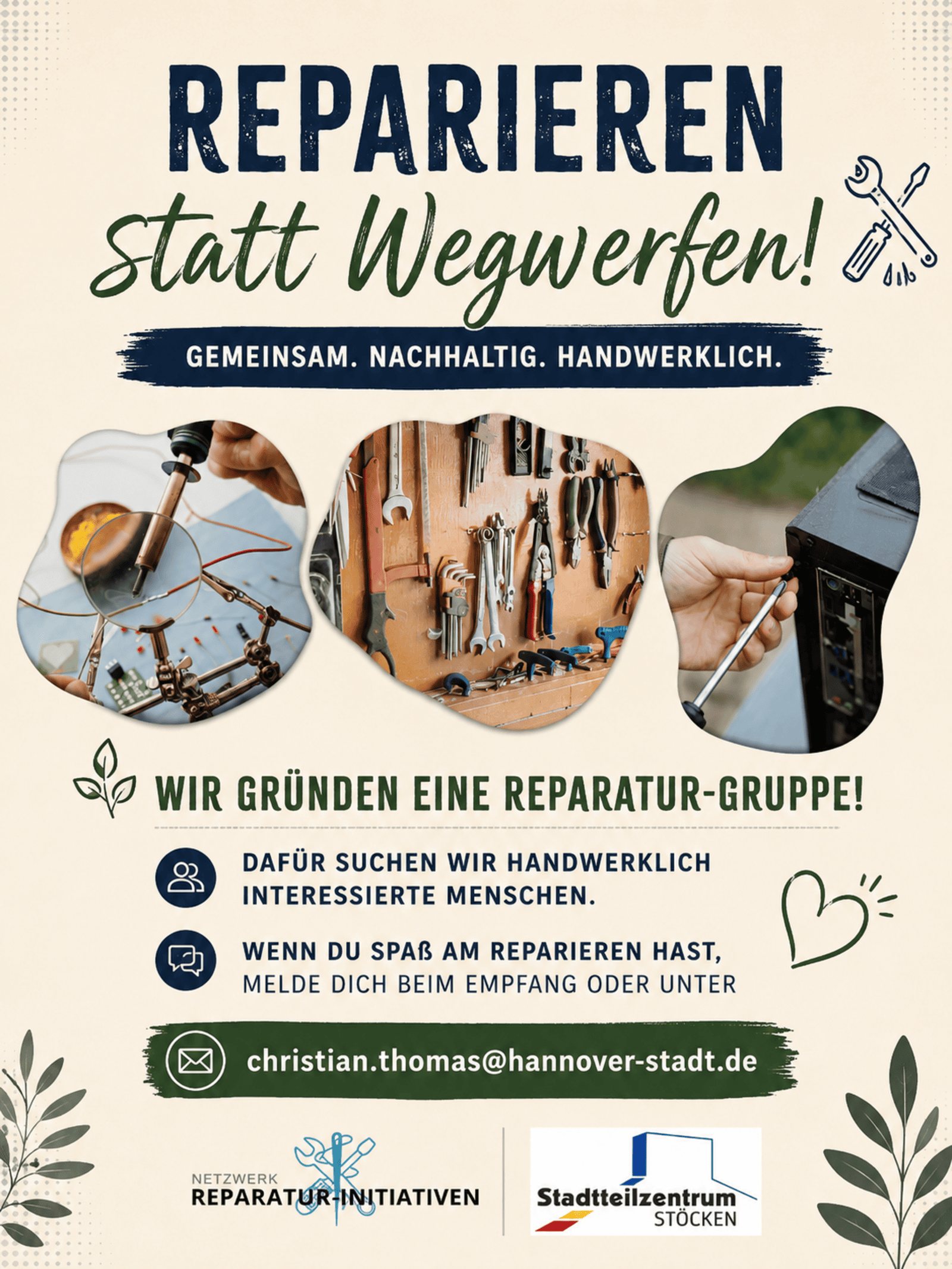 Auf dem Bild sind die Informationen des Textes grafisch aufbereitet lesbar zusammen mit drei Bildern, die das Reparieren darstellen.