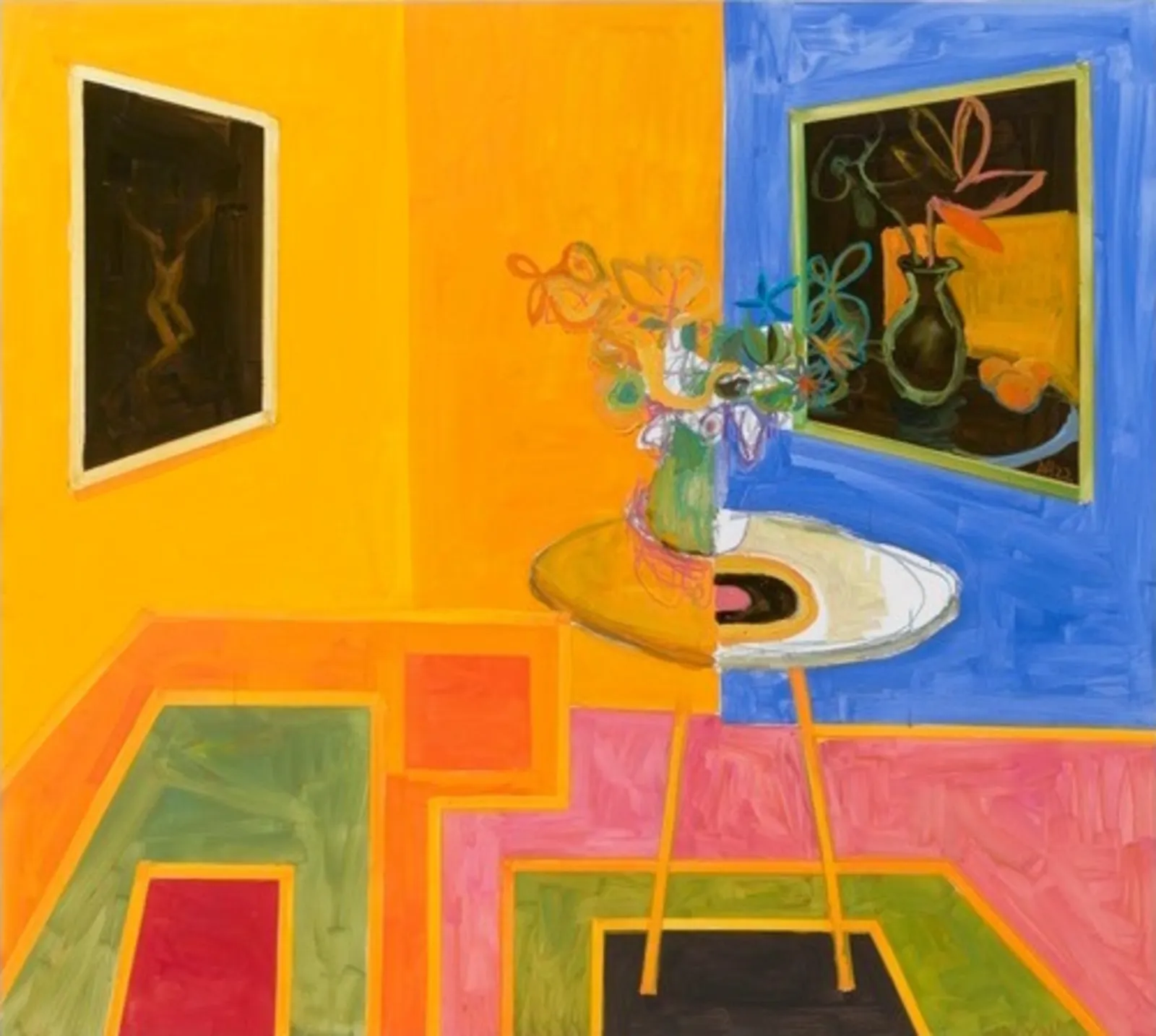 Zu sehen ist eine Malerei des K&uuml;nstlers Anton Henning: Eine perspektivisch verzerrte Innenraumdarstellung mit einem bunten Teppich, einem Tisch mit Blumenvase und zwei Wandbildern.