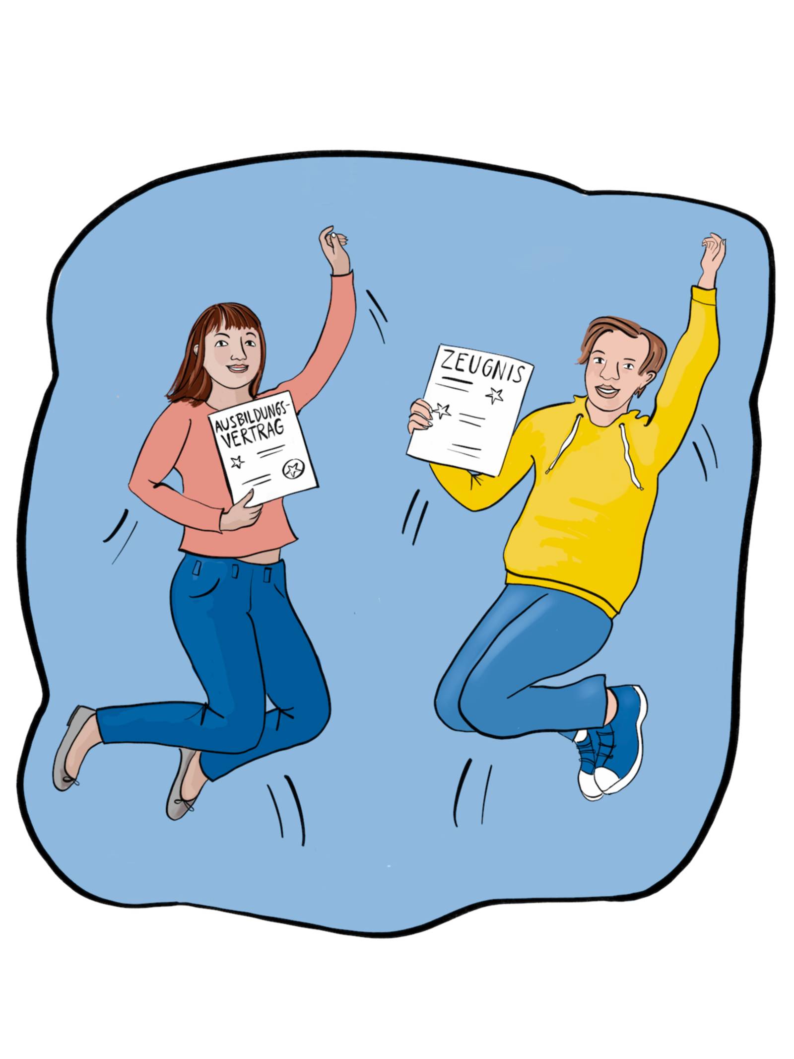 Zeichnung: zwei junge Menschen springen in die Luft und recken jeweils den linken Arm in die Luft. Das Mädchen hält in der rechten Hand ein Dokument mit der Aufschrift "Ausbildungsvertrag" und der Junge hält in der rechten Hand ein Dokument mit der Überschrift "Zeugnis". Beide lächeln.