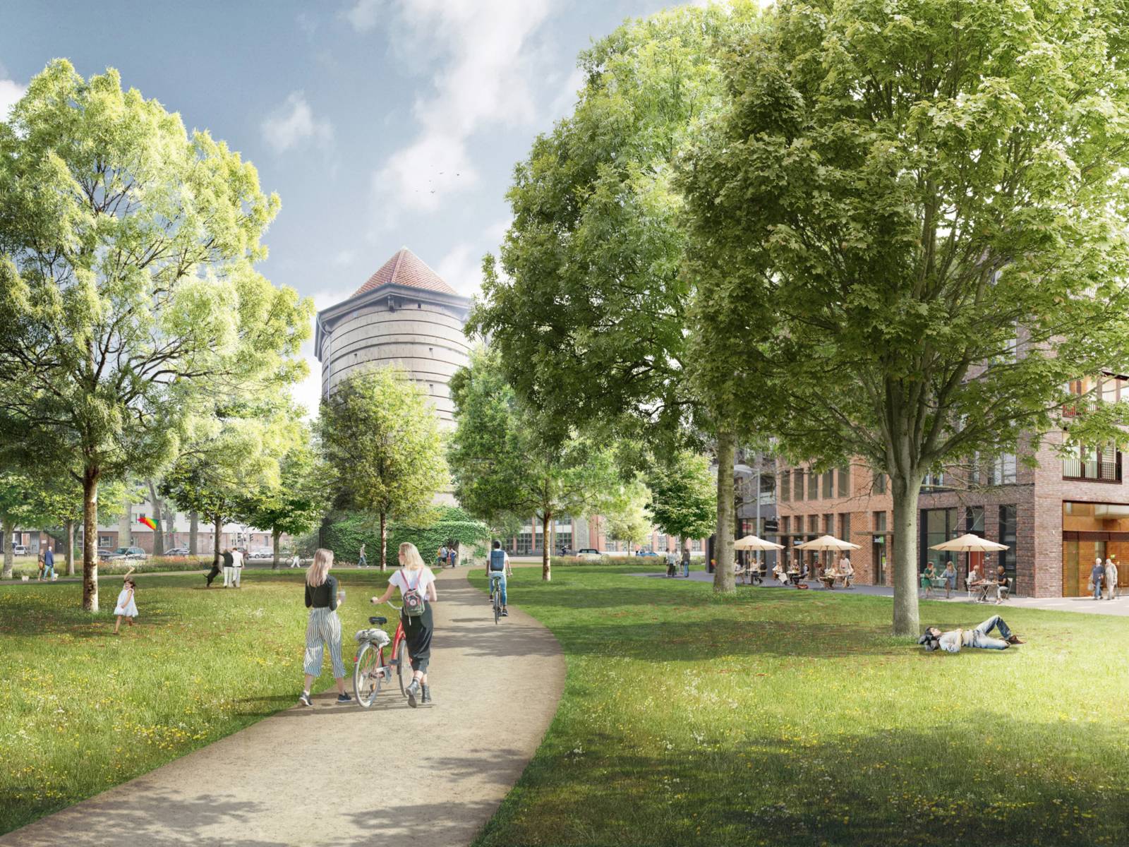 Visualisierung eines grünes  Kreisels. Drumherum Cafés und Gebäude.