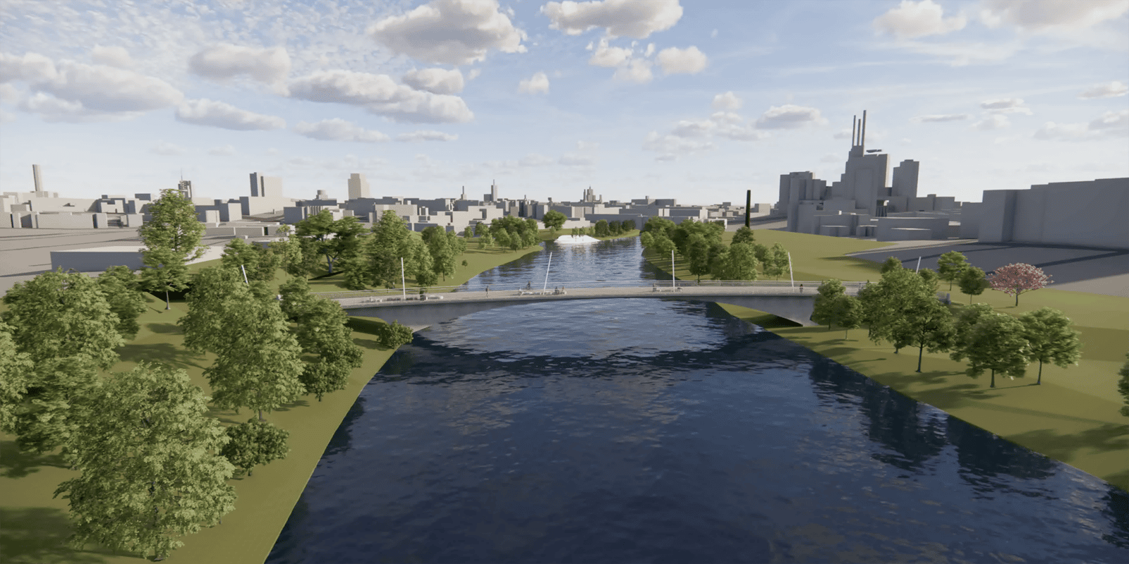 Eine illustrierte Landschaft: In der Mitte ein Fluss, &uuml;ber den eine graue Br&uuml;cke f&uuml;hrt, rechts und links Gr&uuml;nfl&auml;che, B&auml;ume und weiter hinten sowie am Horizont Geb&auml;ude.