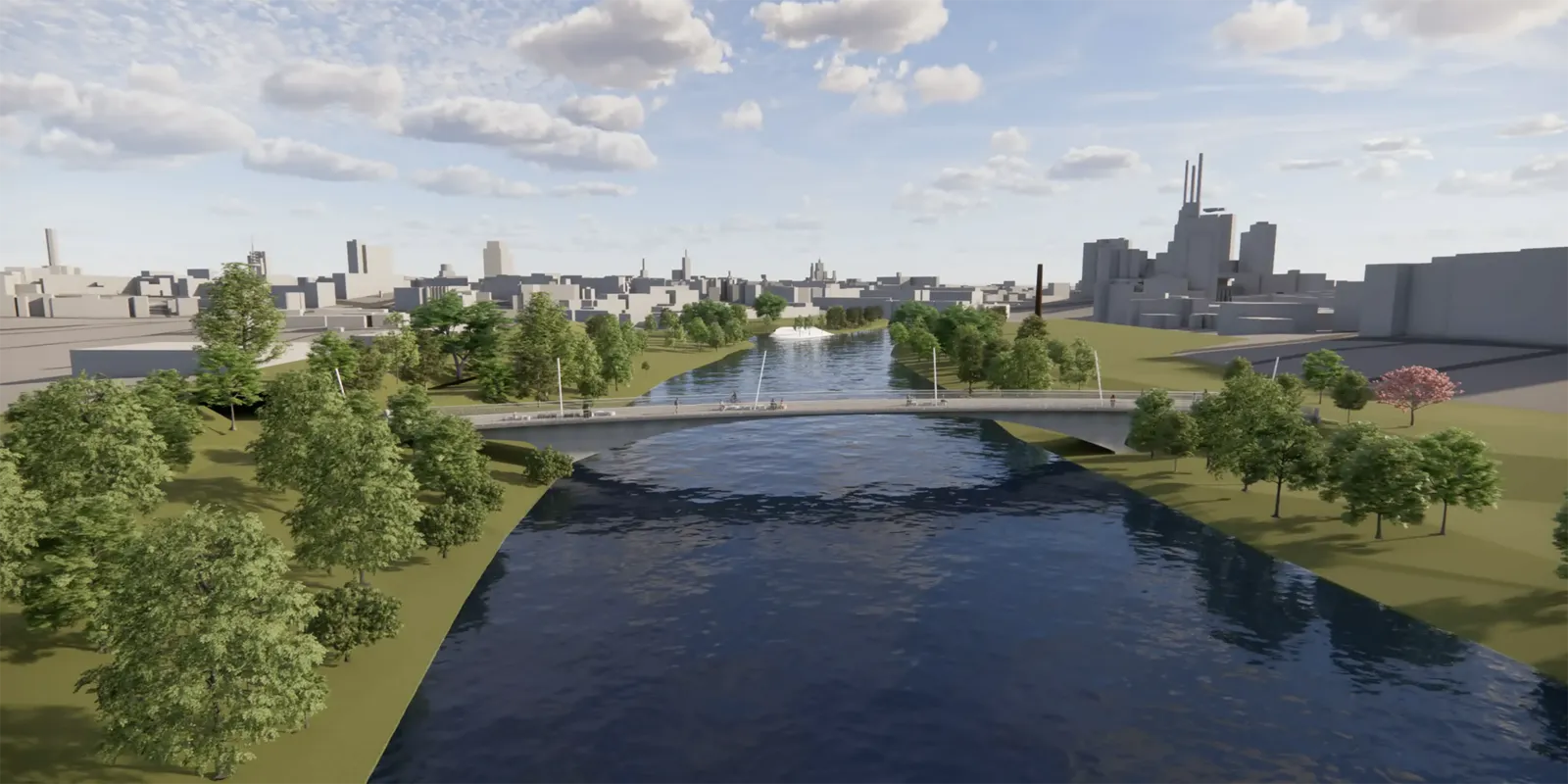 Eine illustrierte Landschaft: In der Mitte ein Fluss, &uuml;ber den eine graue Br&uuml;cke f&uuml;hrt, rechts und links Gr&uuml;nfl&auml;che, B&auml;ume und weiter hinten sowie am Horizont Geb&auml;ude.