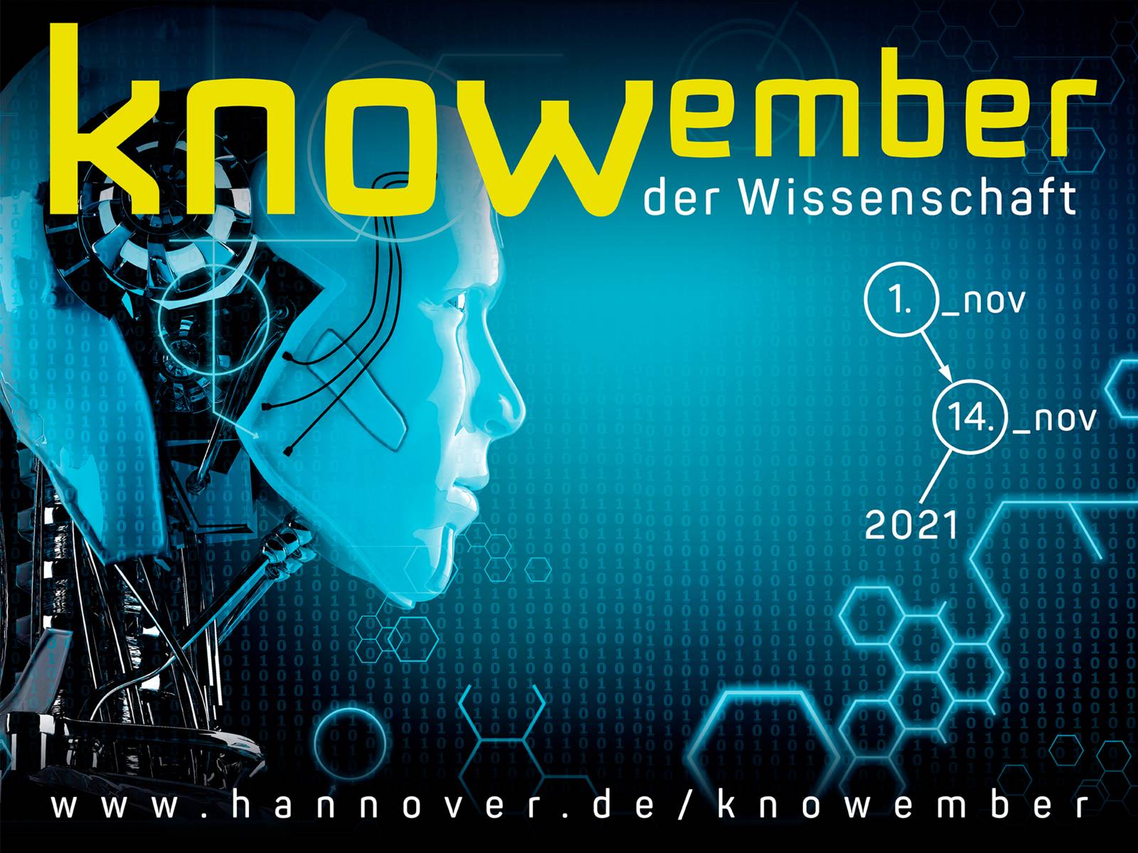 Computeranimiertes Bild eines Roboterkopfes mit Text: "knowember der Wissenschaft" und www.hannover.de/knowember