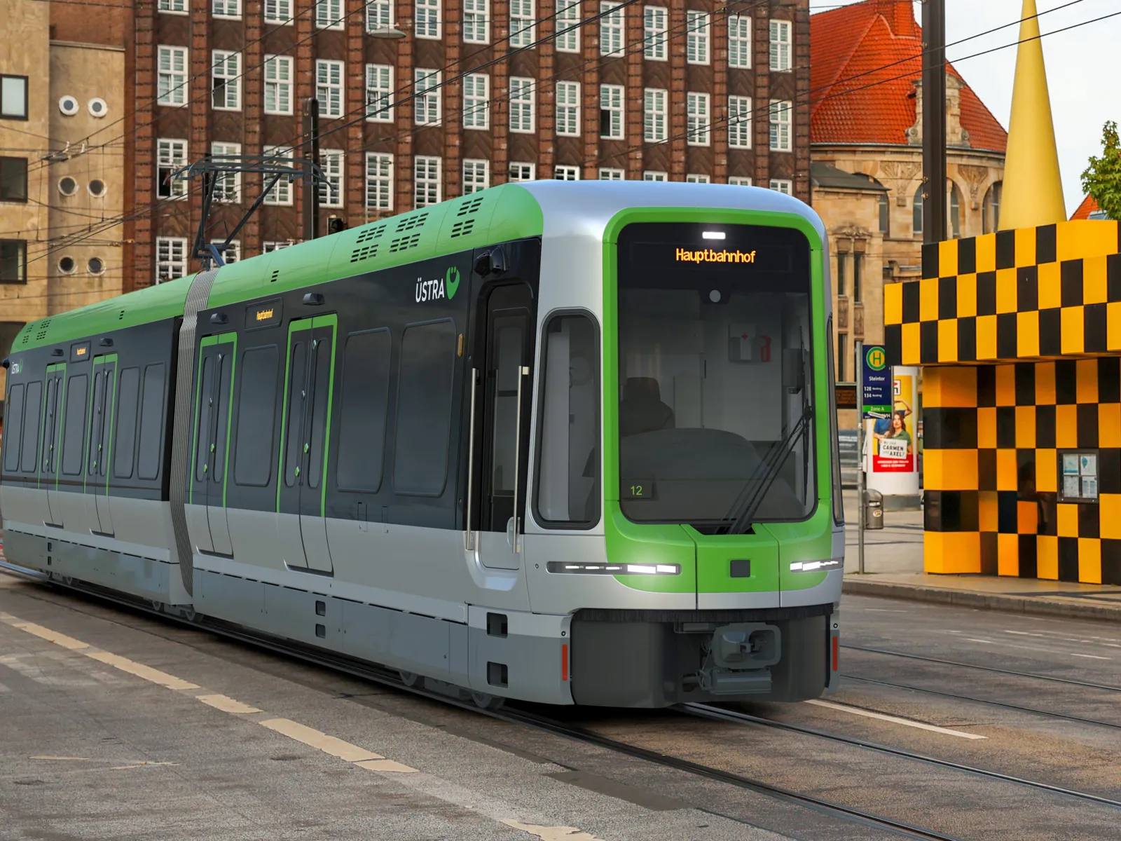 Eine Stadtbahn vor einer Haltestelle in Hannovers Innenstadt.