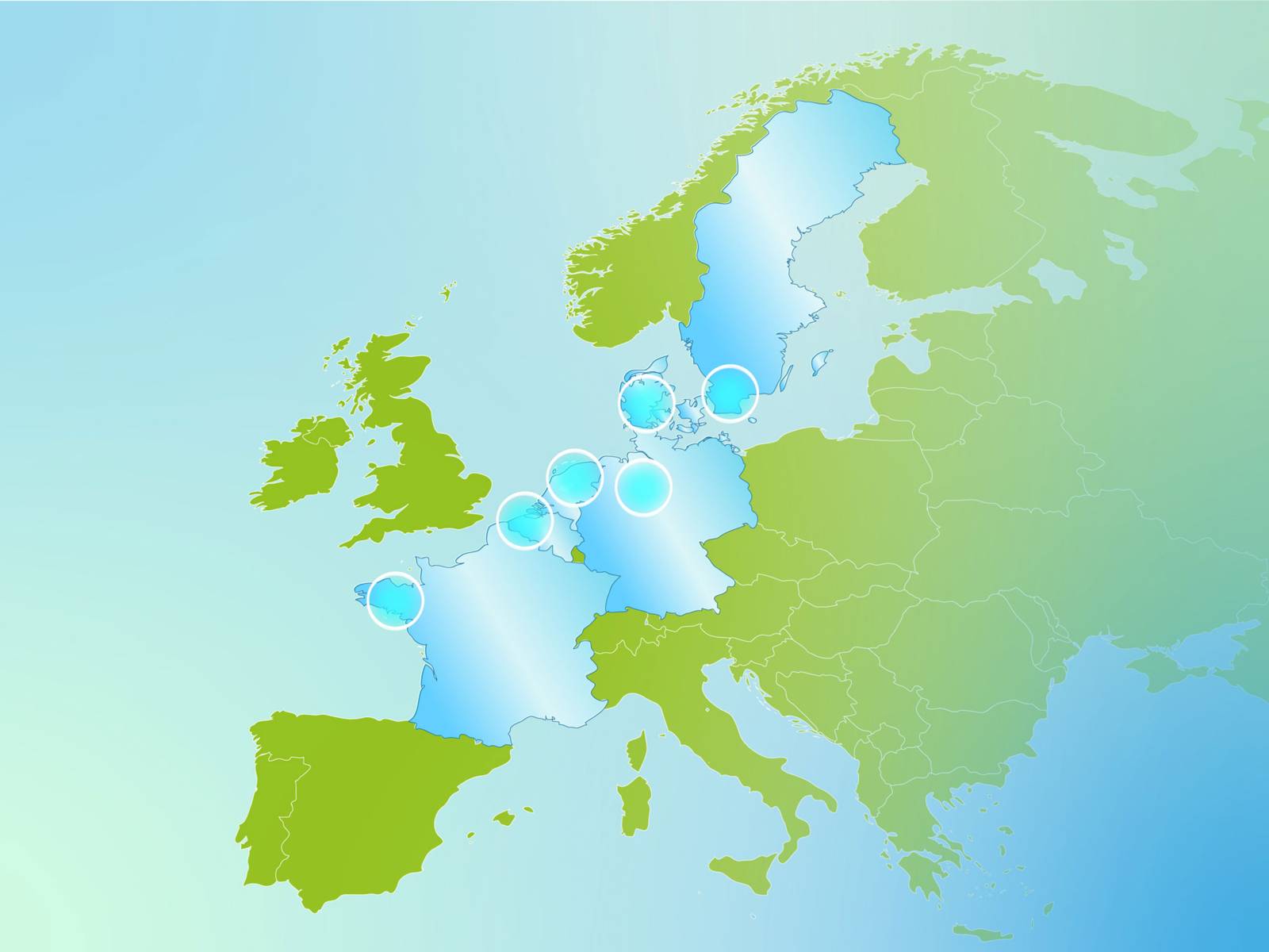 Politische Europakarte mit einzelnen Ländern farblich abgesetzt.