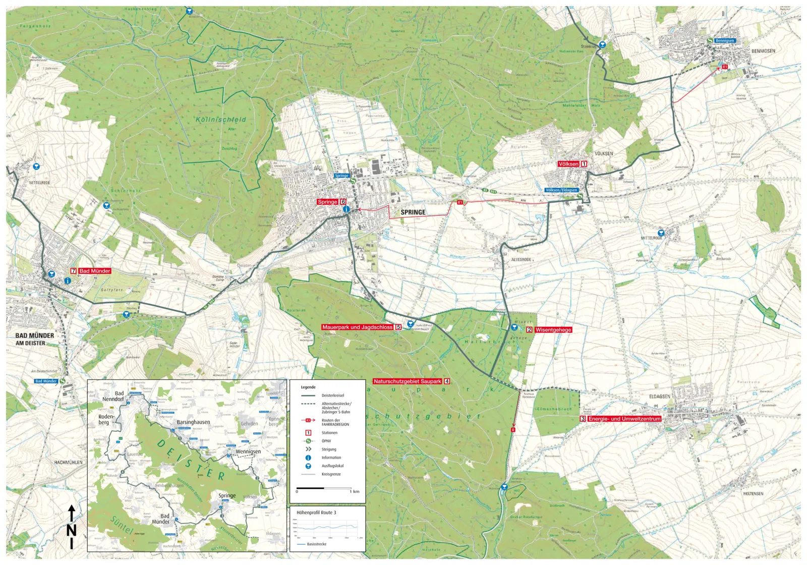 Karte vom H&ouml;henzug Deister mit eingezeichneter Fahrradroute