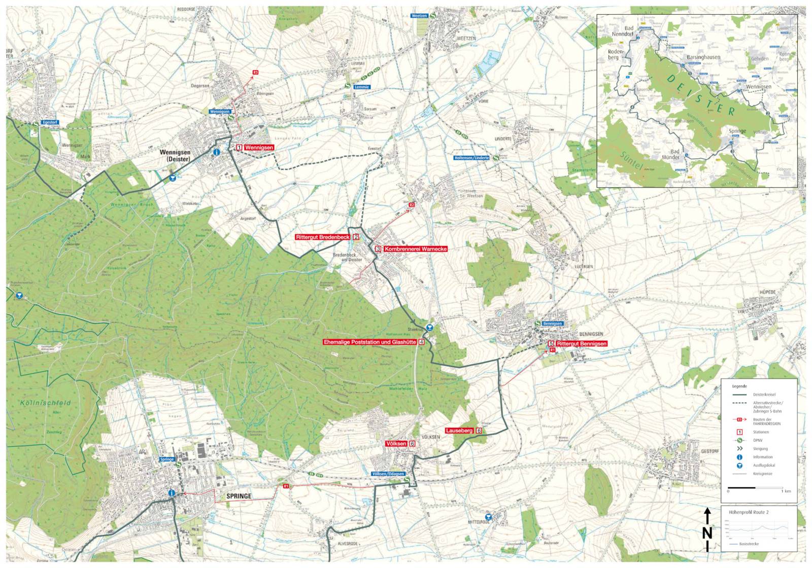 Karte vom Höhenzug Deister mit eingezeichneter Fahrradroute