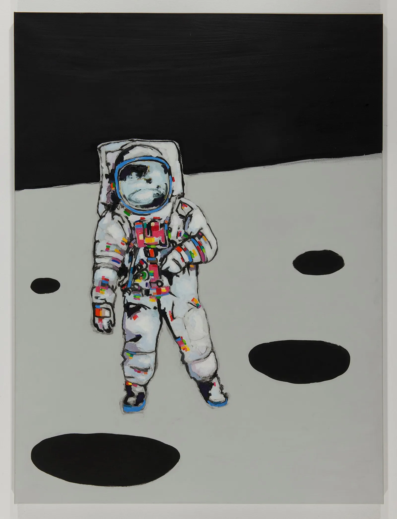 Zu sehen ist eine Malerei von Hannes Malte Mahler eines Astronauten auf einer minimalistischen Mondlandschaft.