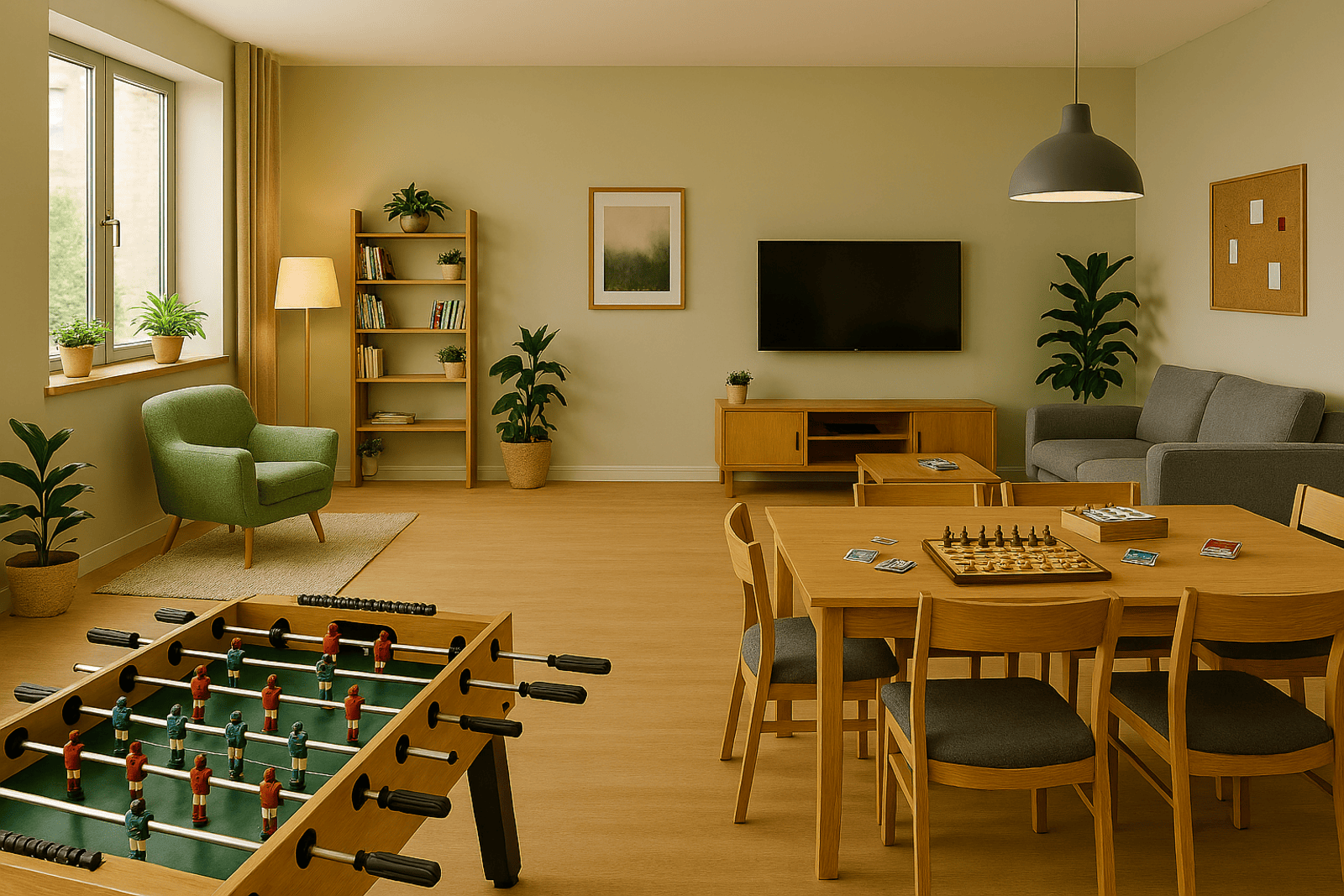 Ein großes Zimmer. Es gibt einen Tisch mit Brettspielen, ein Sofa, eine Leseecke mit Leselampe und einen Tisch zum kickern.