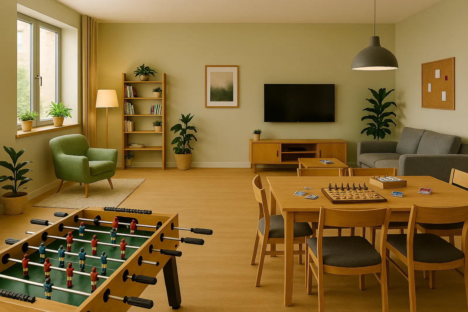Ein großes Zimmer. Es gibt einen Tisch mit Brettspielen, ein Sofa, eine Leseecke mit Leselampe und einen Tisch zum kickern.