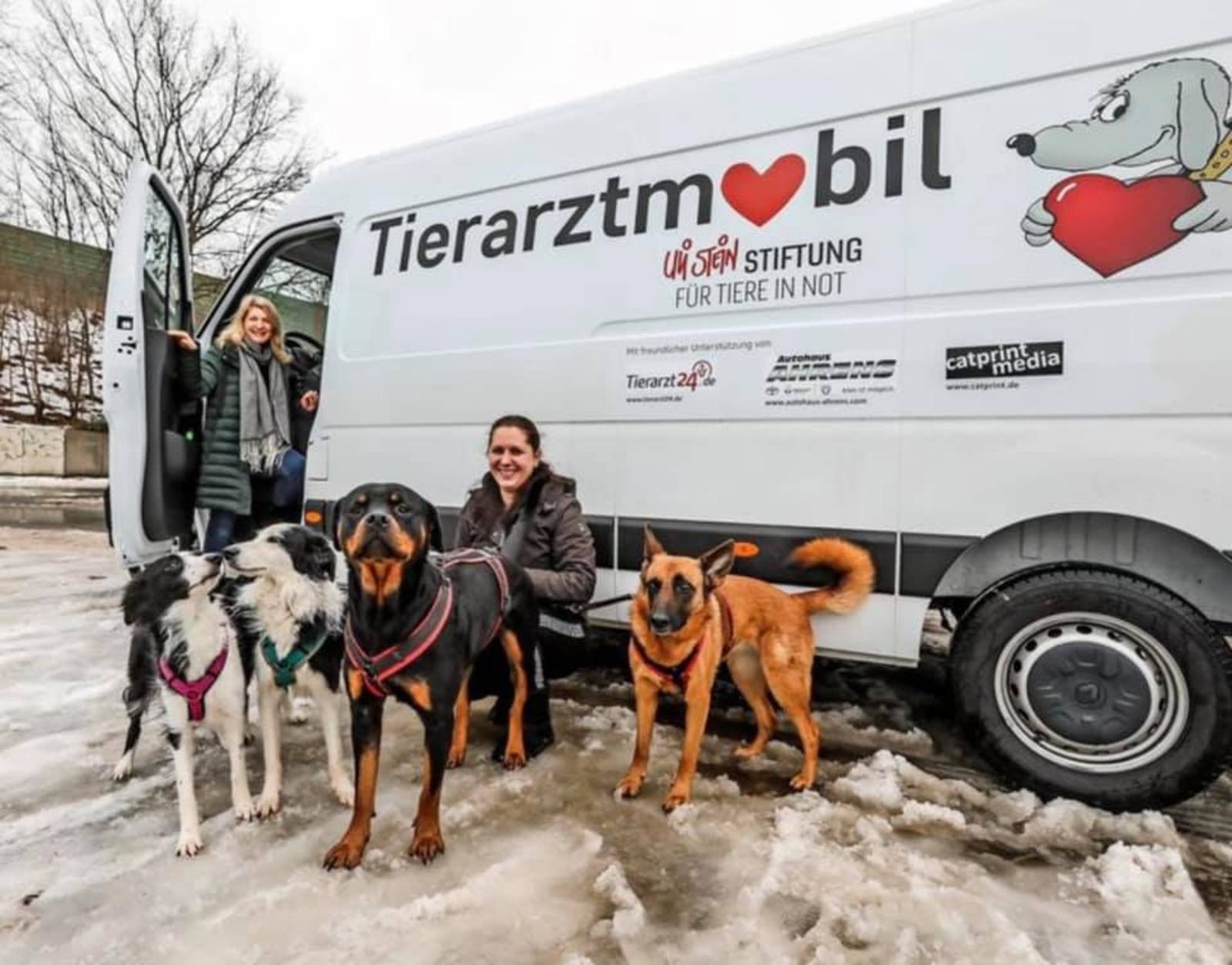 Zwei Frauen mit Hunden vor einem Transporter. Darauf steht Tierarztmobil.