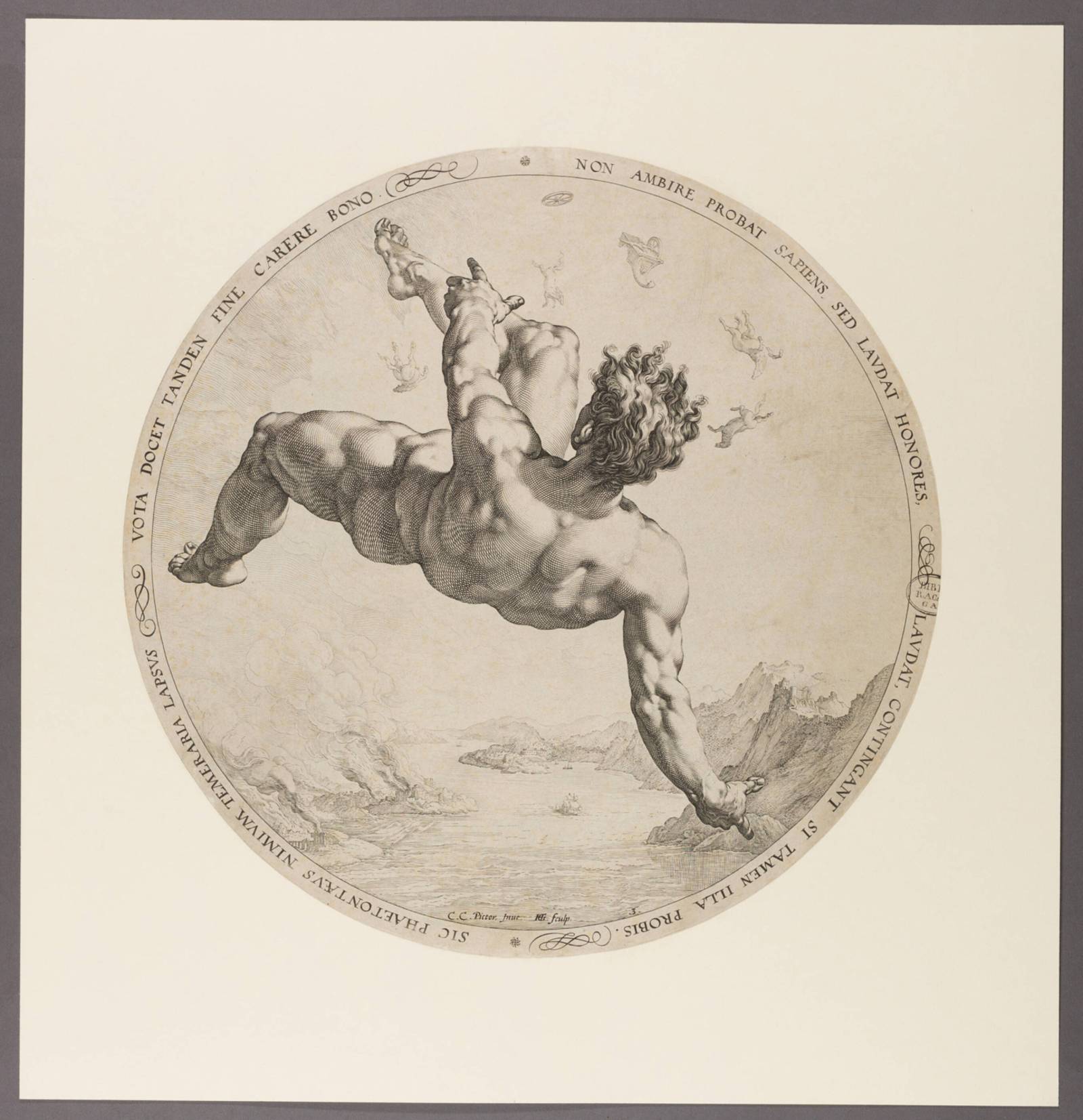 Zu sehen ist ein Kupferstich eines fallenden, nackten Mannes in der Rückenansicht.