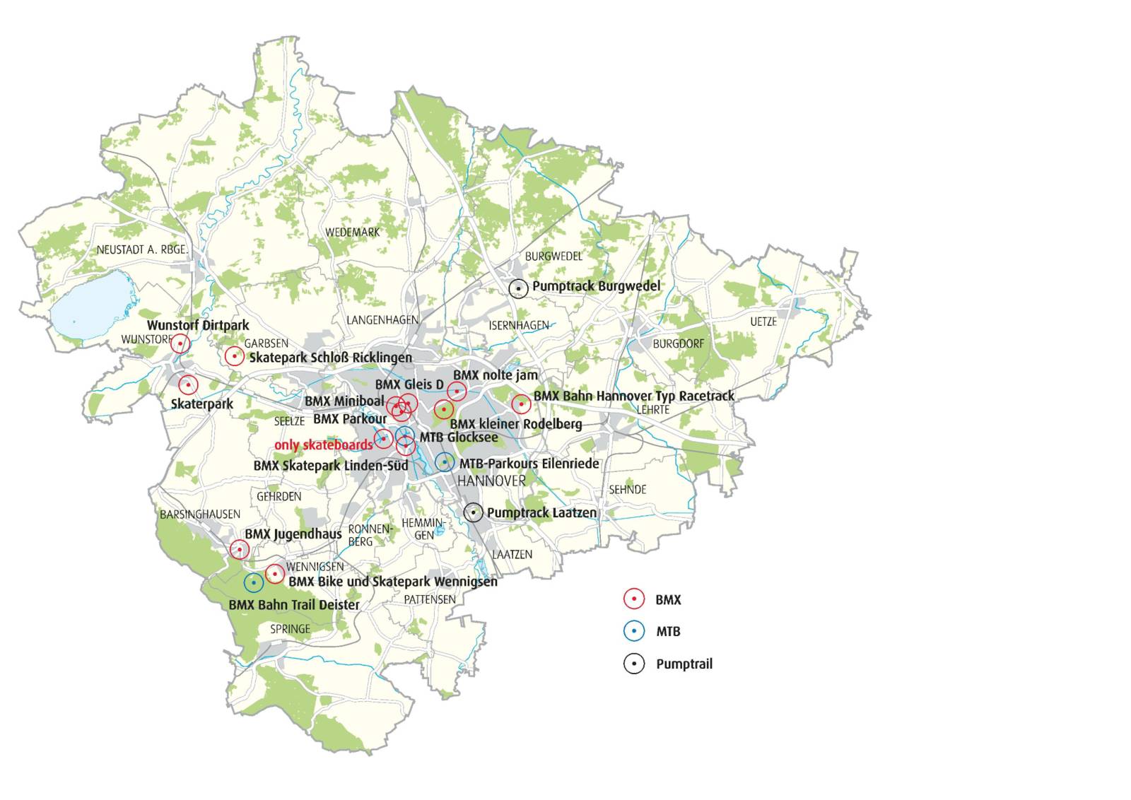 Karte der Region Hannover mit existierenden Moutainbike Trails