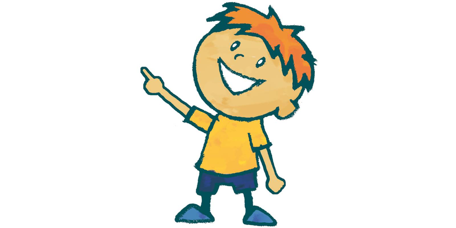 Zeichnung: Ein Kind steht und zeigt mit dem Finger auf ein nicht sichtbares Ziel