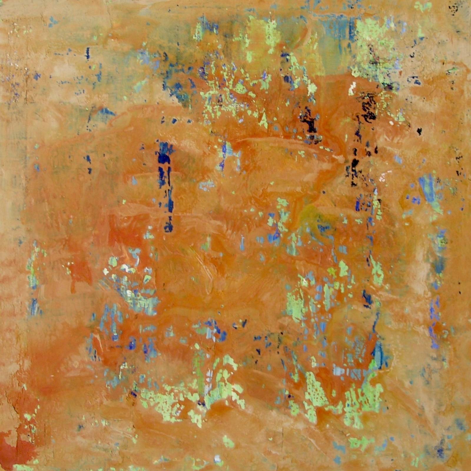 Zu sehen ist ein abstraktes Gemälde von Hanne Gros, das von Orange-Tönen dominiert wird.