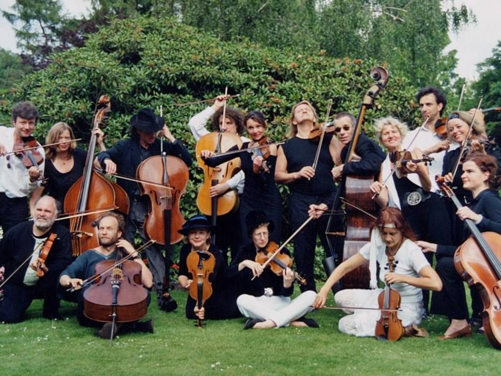 Acht Musikerinnen und acht Musiker stehen, hocken oder sitzen auf einer Rasenfläche und halten jeweils ein Streichinstrument.